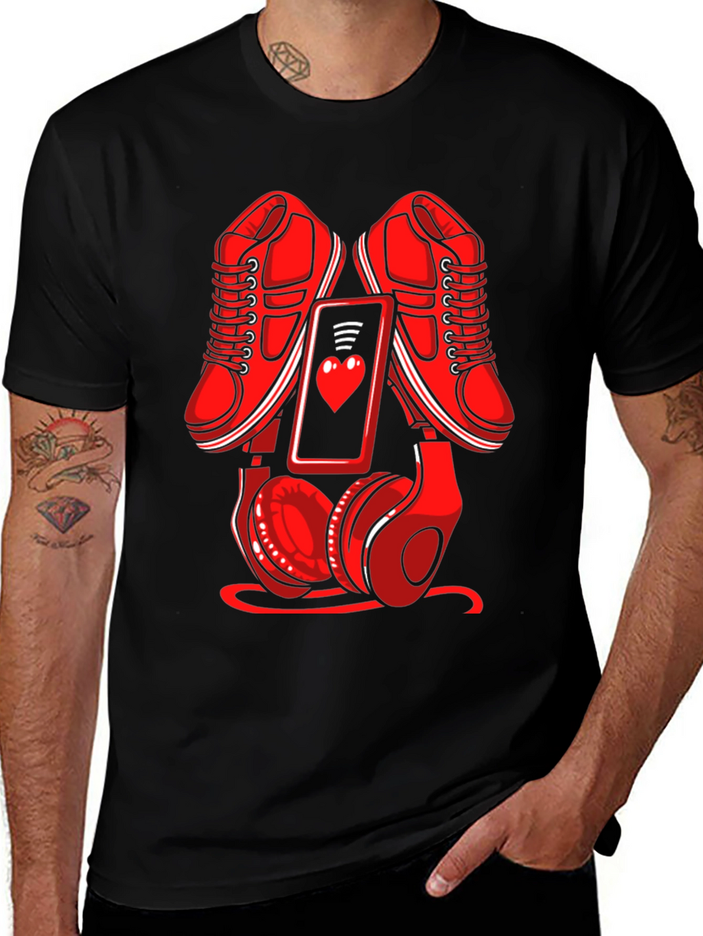 Red Sneakers Phone & Headphones Graphic T-Shirt