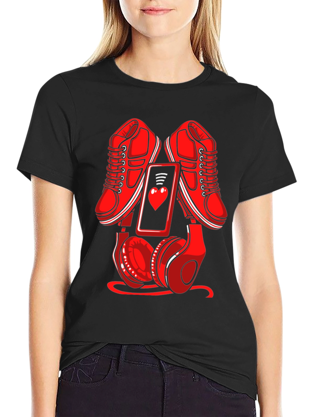 Red Sneakers Phone & Headphones Graphic T-Shirt