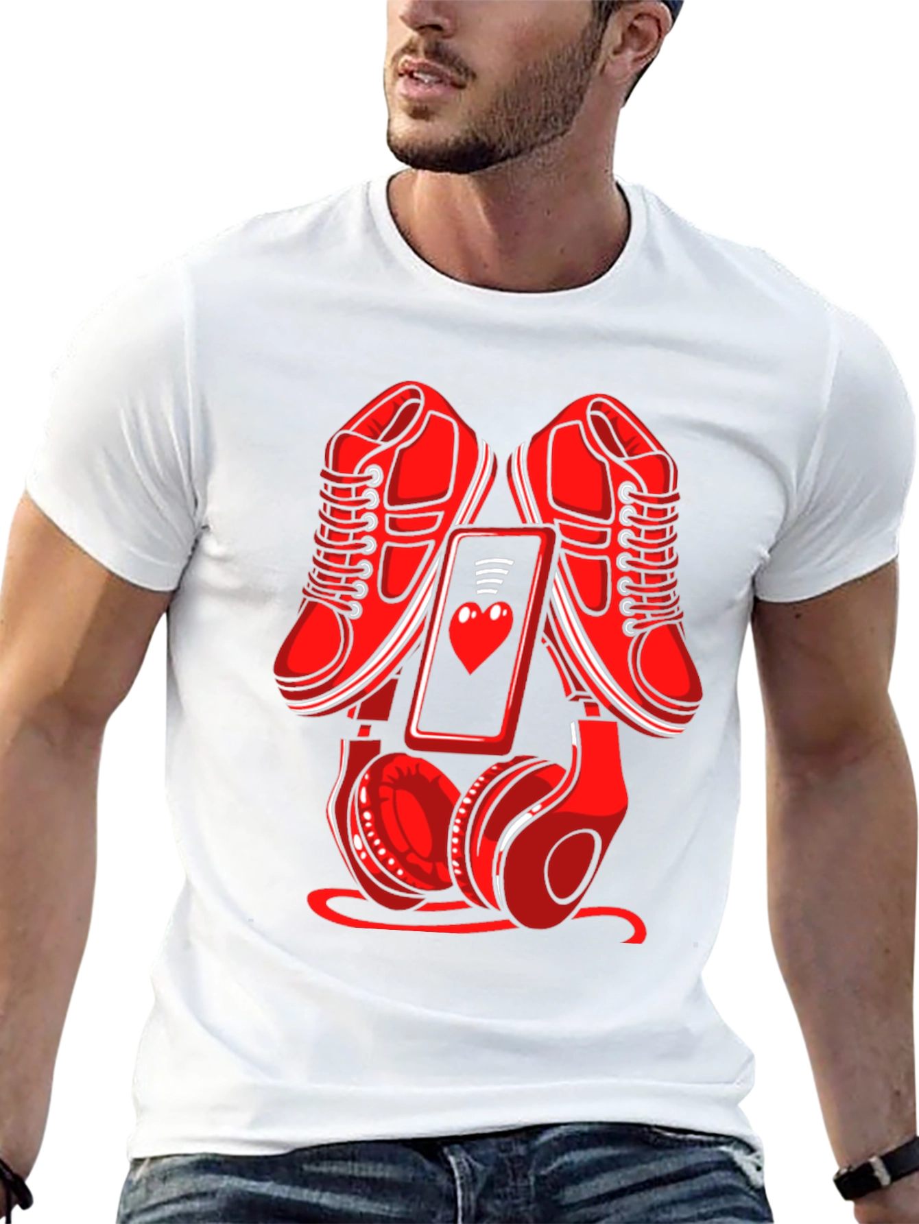 Red Sneakers Phone & Headphones Graphic T-Shirt
