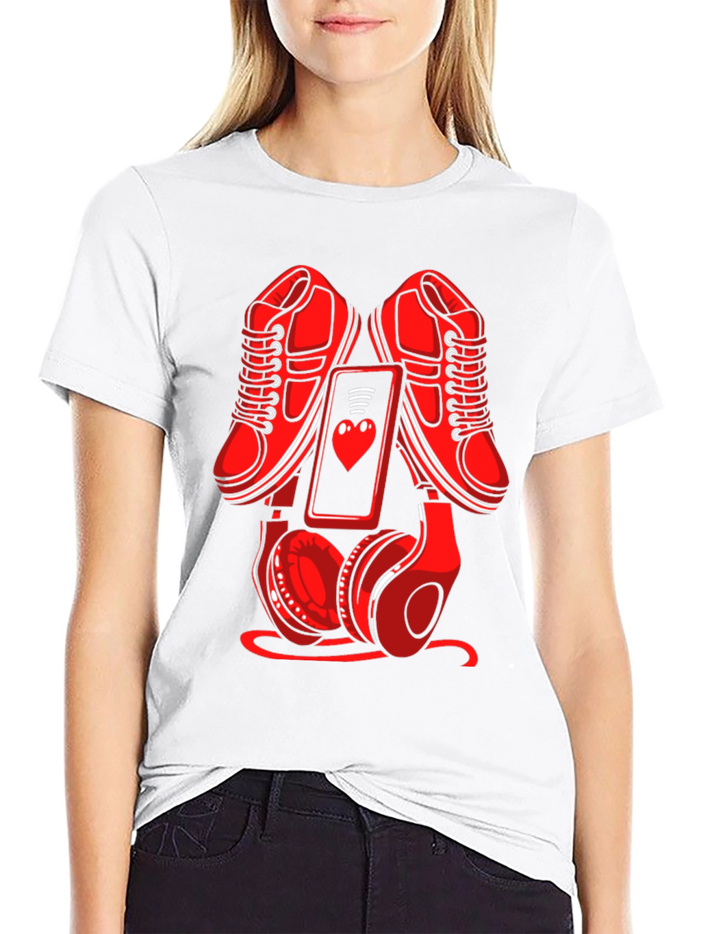 Red Sneakers Phone & Headphones Graphic T-Shirt