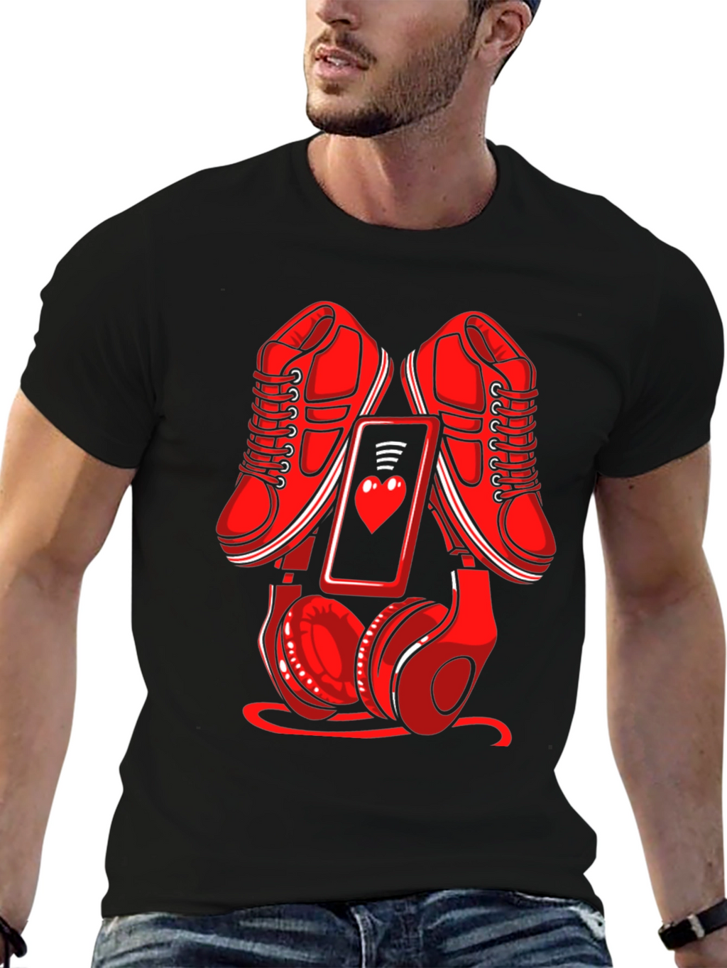 Red Sneakers Phone & Headphones Graphic T-Shirt