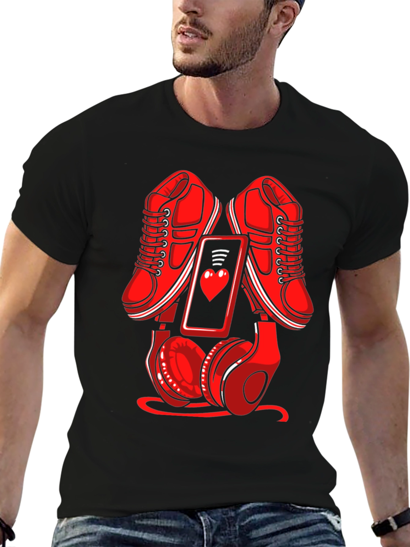 Red Sneakers Phone & Headphones Graphic T-Shirt