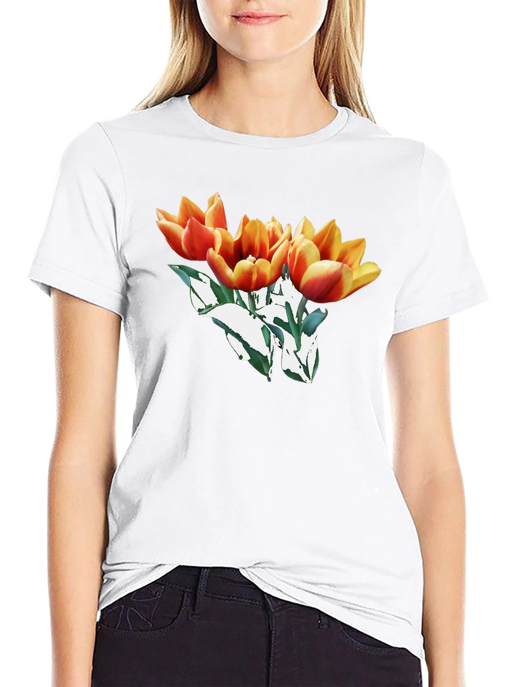 Floral Tulip Graphic Black T-Shirt