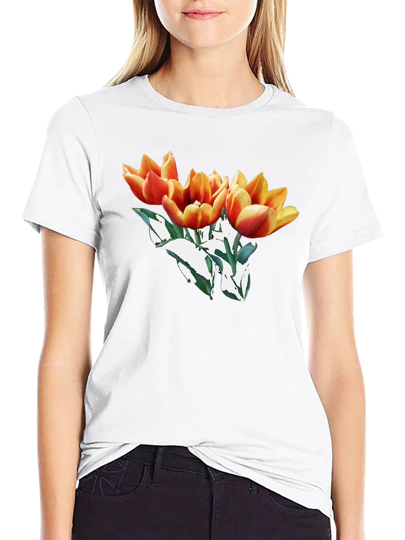 Floral Tulip Graphic Black T-Shirt