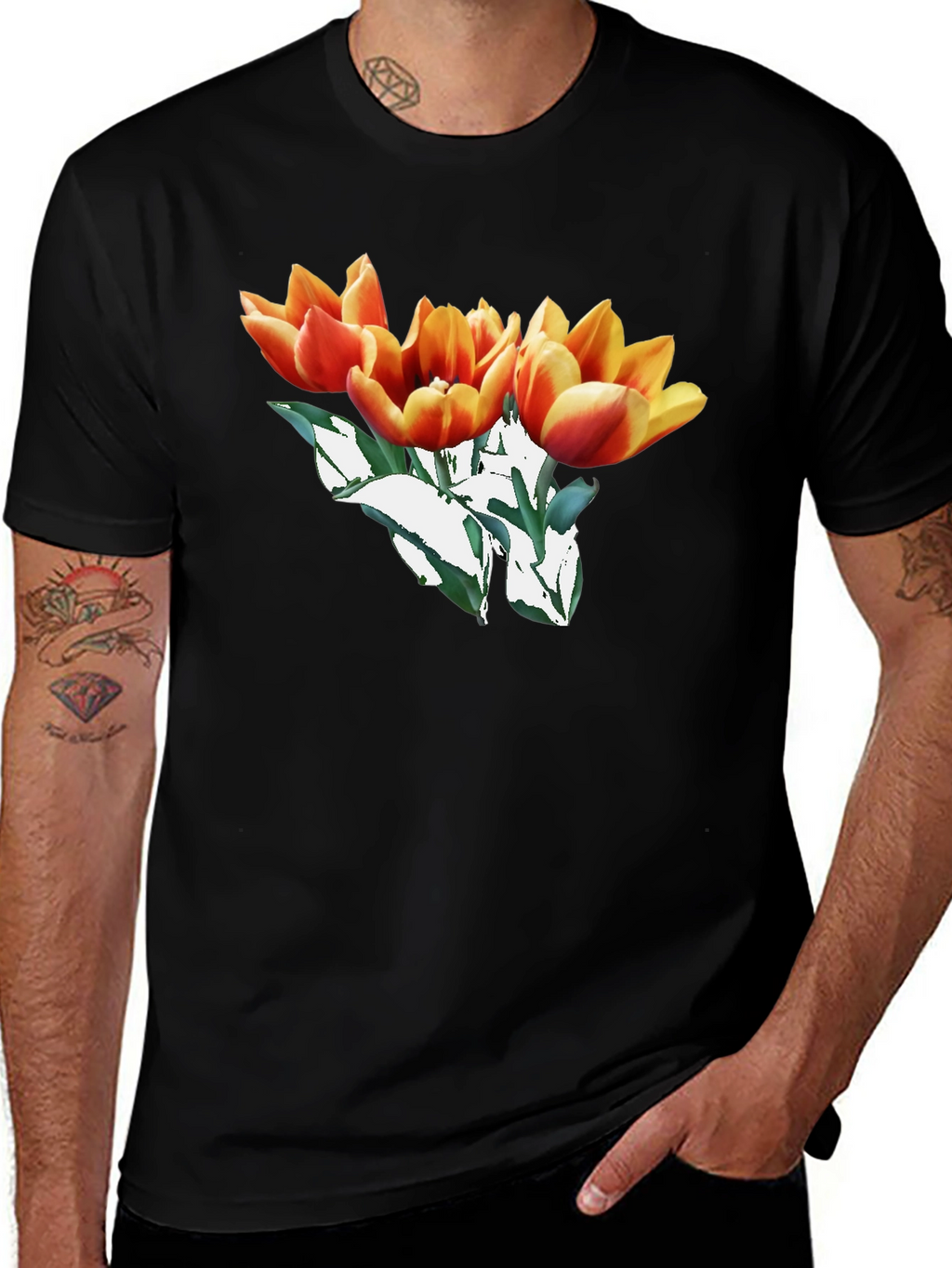 Floral Tulip Graphic Black T-Shirt