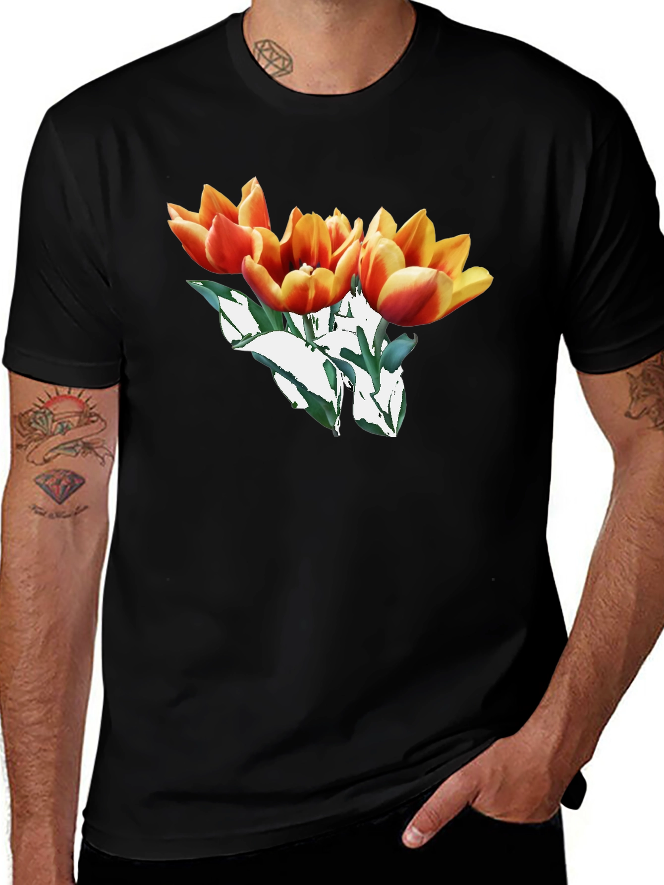 Floral Tulip Graphic Black T-Shirt