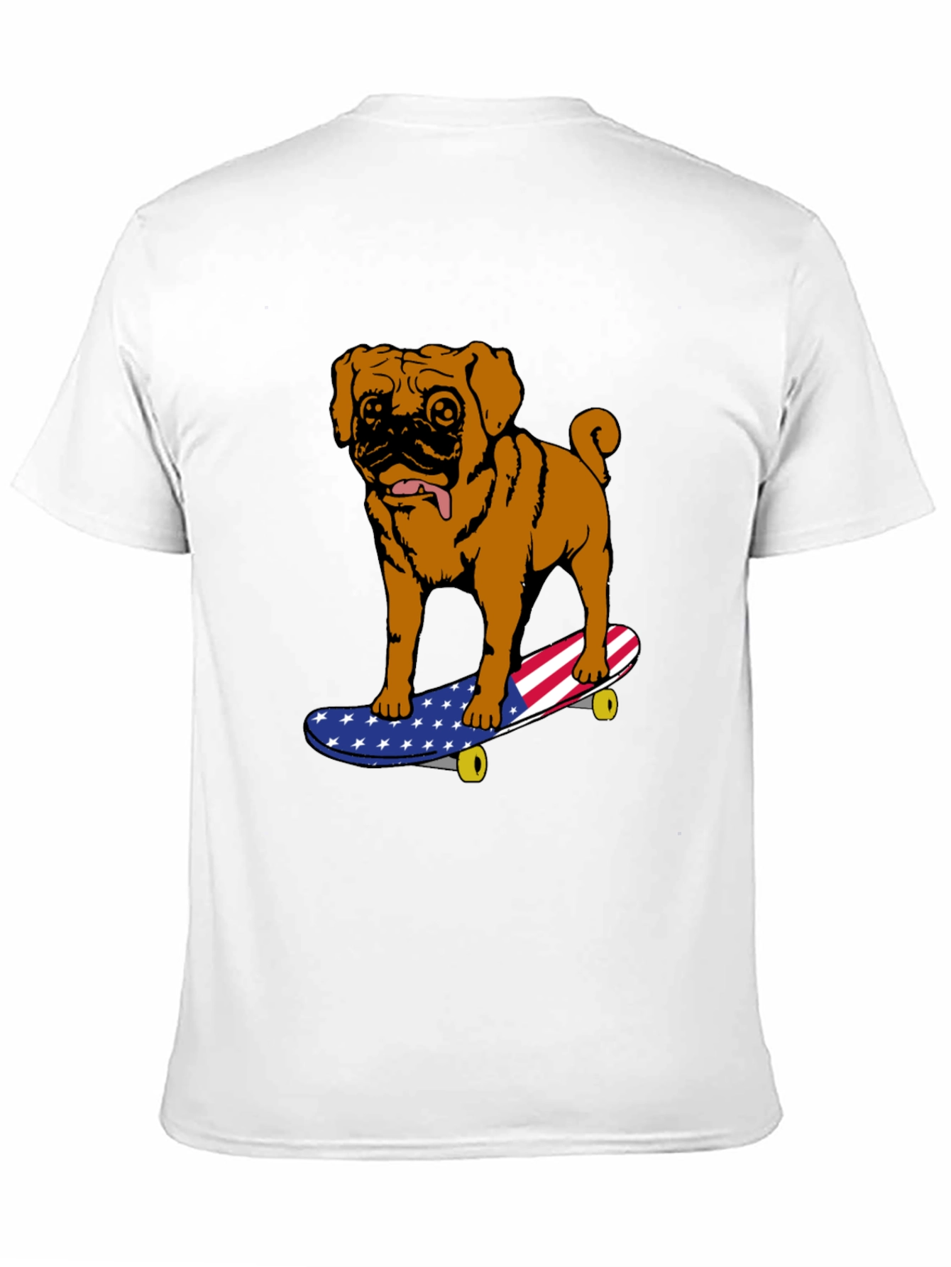 Pug on Skateboard Graphic Tee - American Flag Design