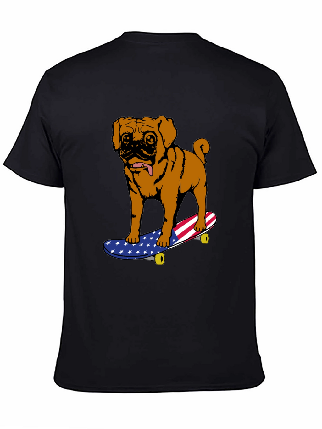 Pug on Skateboard Graphic Tee - American Flag Design