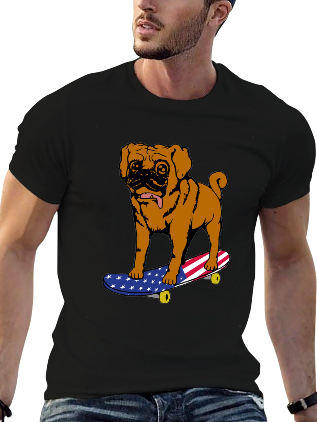 Pug on Skateboard Graphic Tee - American Flag Design