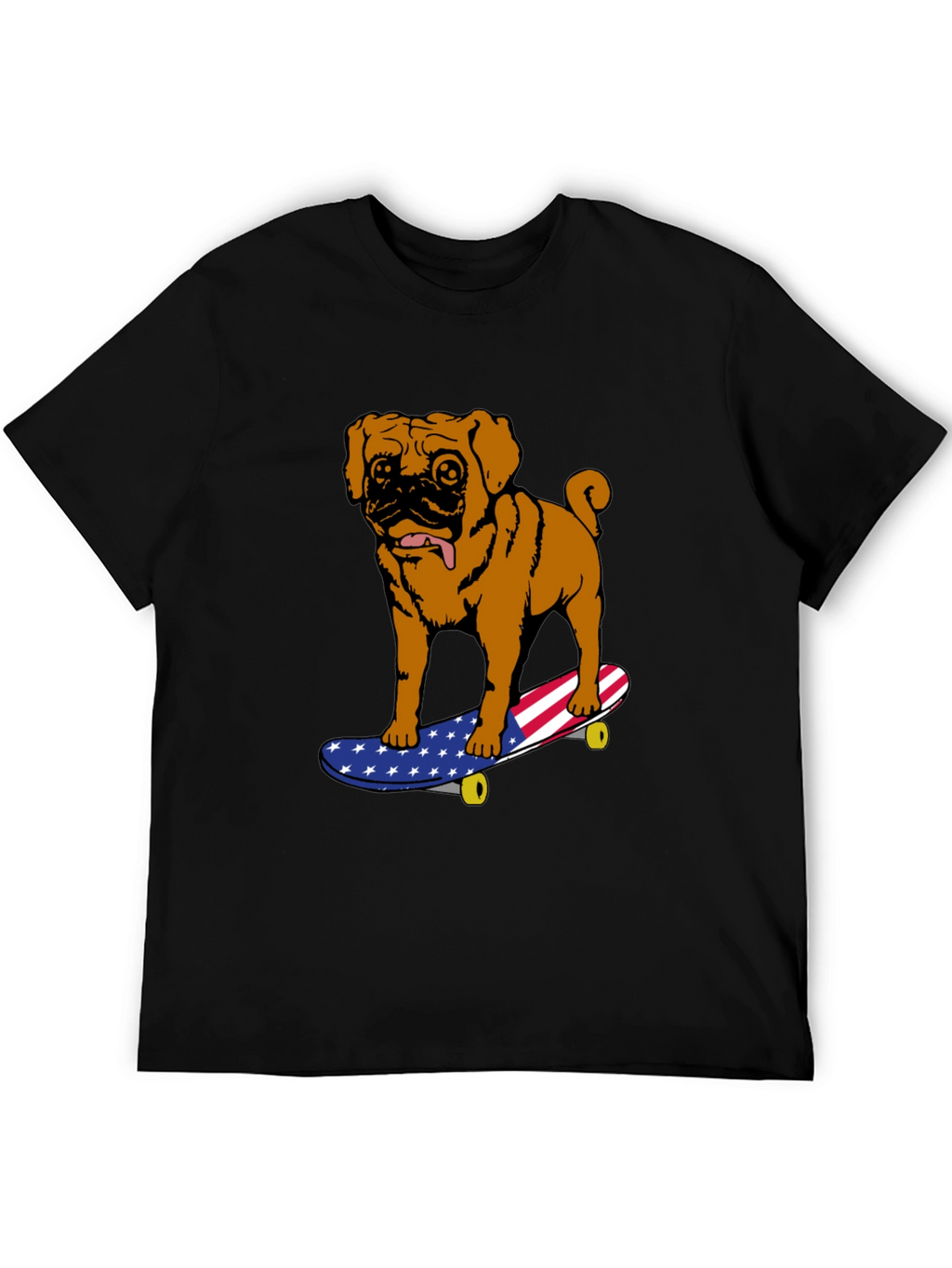 Pug on Skateboard Graphic Tee - American Flag Design