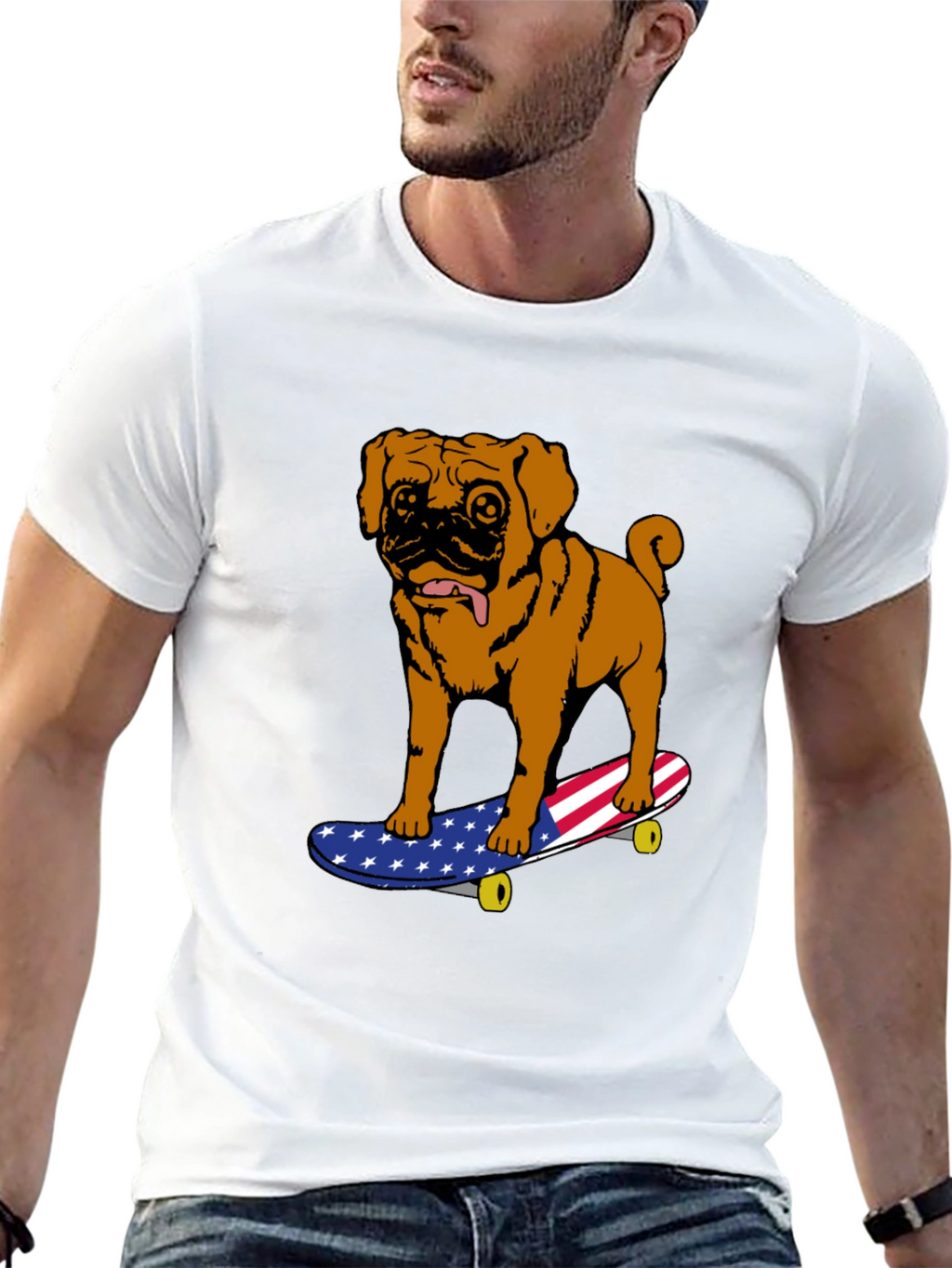 Pug on Skateboard Graphic Tee - American Flag Design