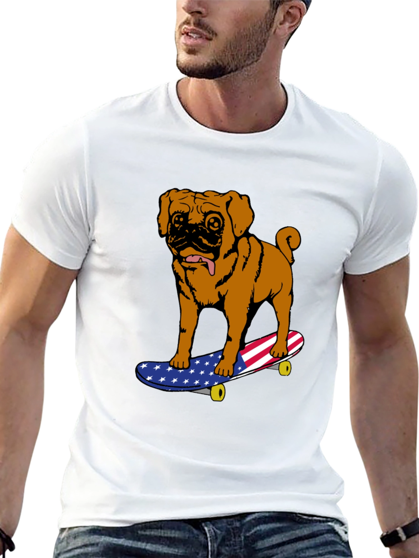 Pug on Skateboard Graphic Tee - American Flag Design
