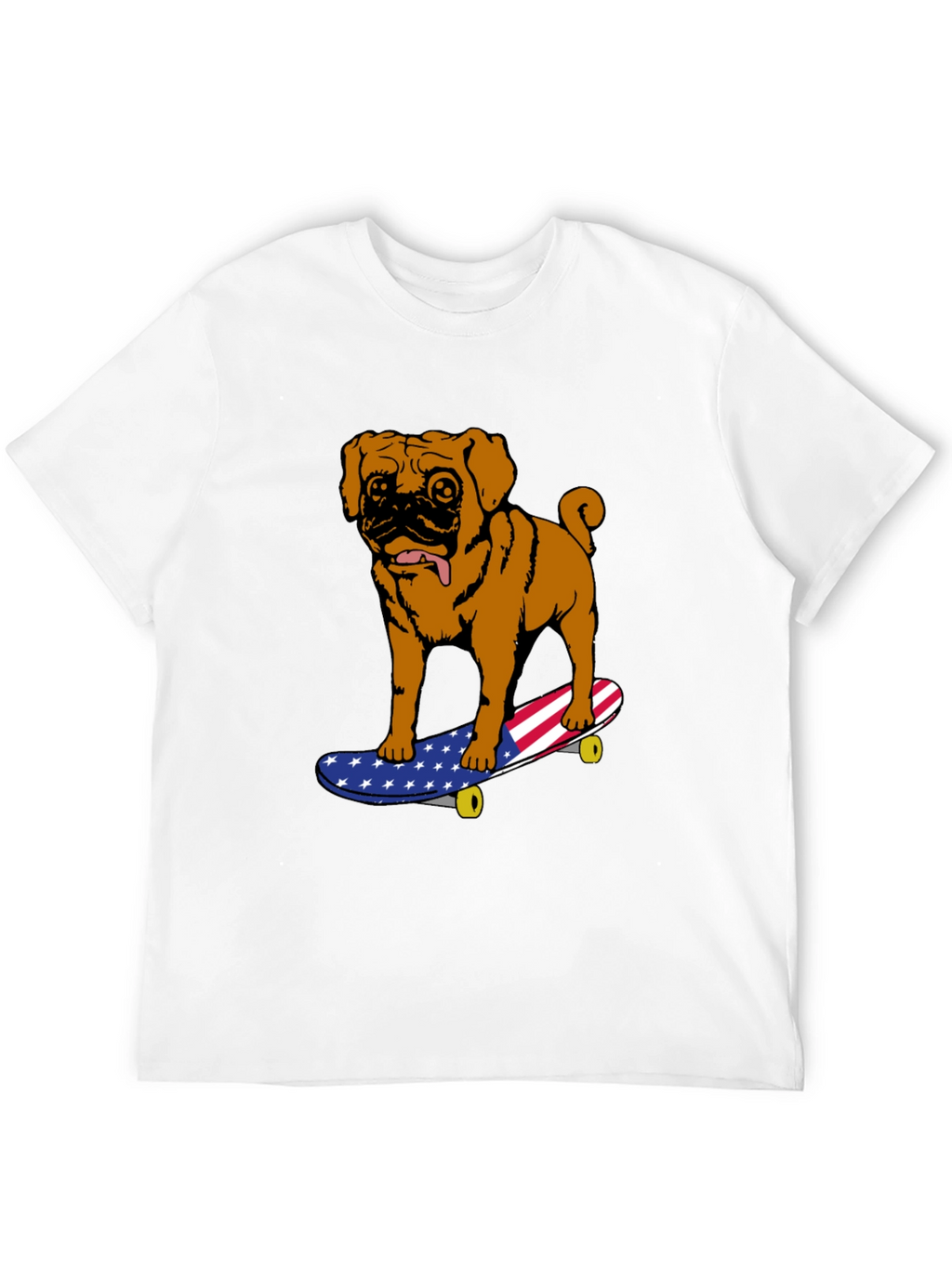 Pug on Skateboard Graphic Tee - American Flag Design