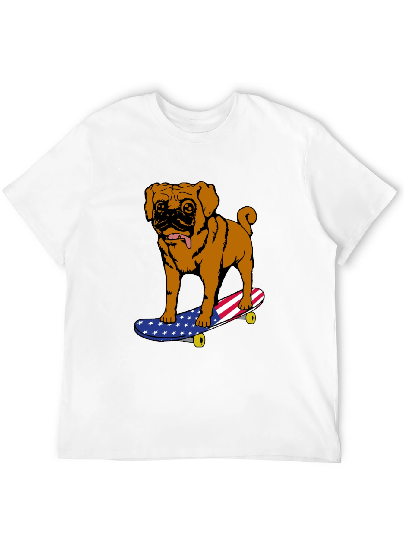 Pug on Skateboard Graphic Tee - American Flag Design