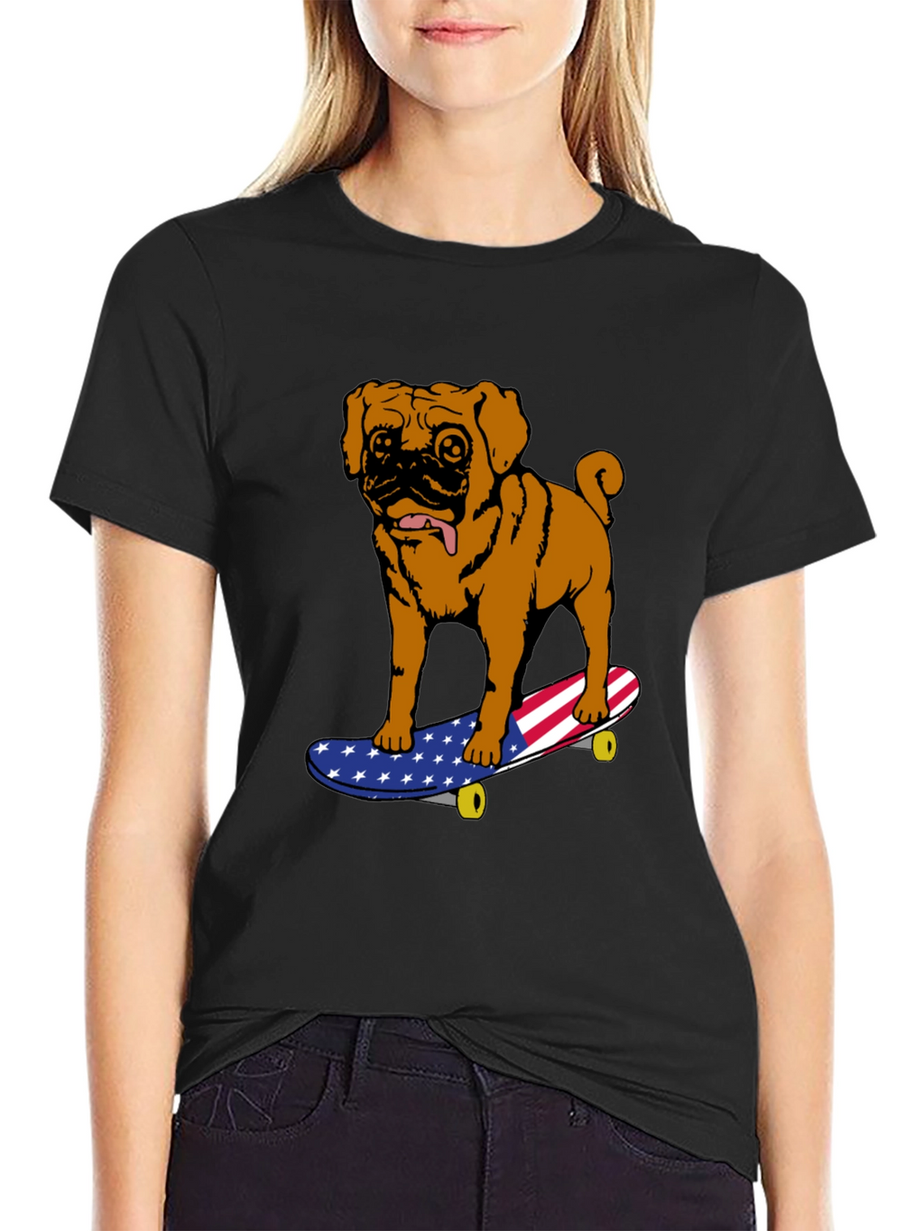 Pug on Skateboard Graphic Tee - American Flag Design