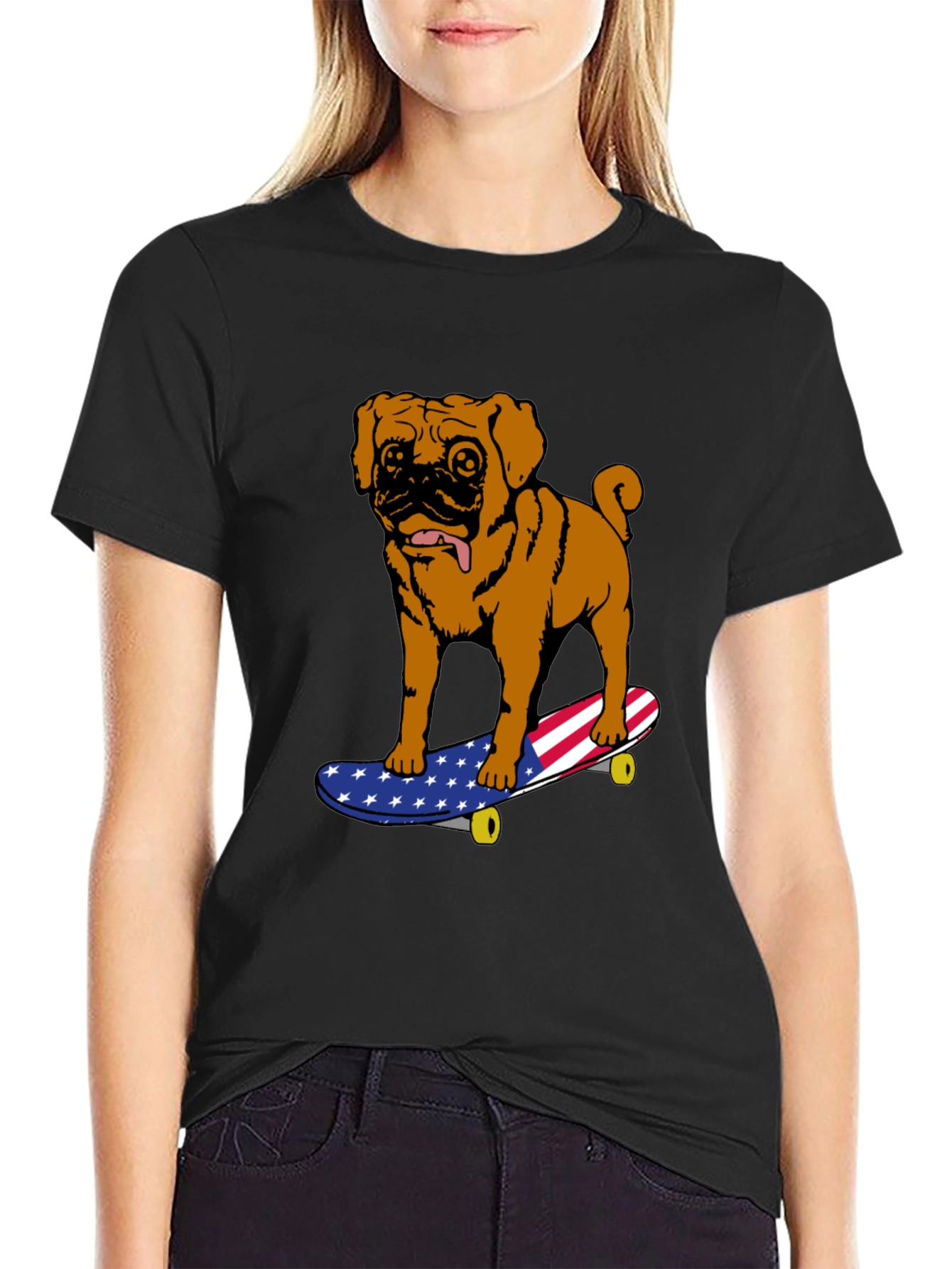 Pug on Skateboard Graphic Tee - American Flag Design