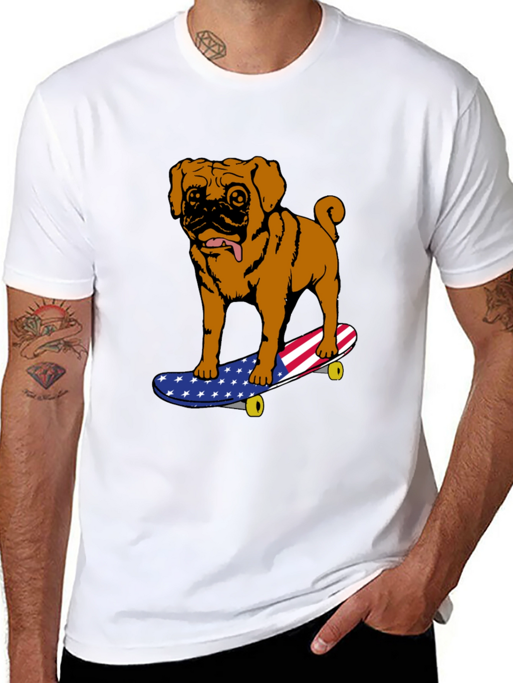 Pug on Skateboard Graphic Tee - American Flag Design