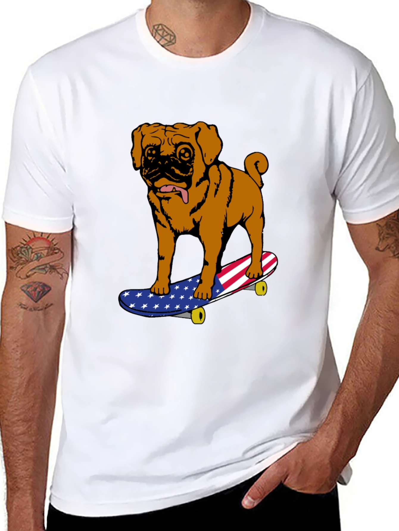 Pug on Skateboard Graphic Tee - American Flag Design