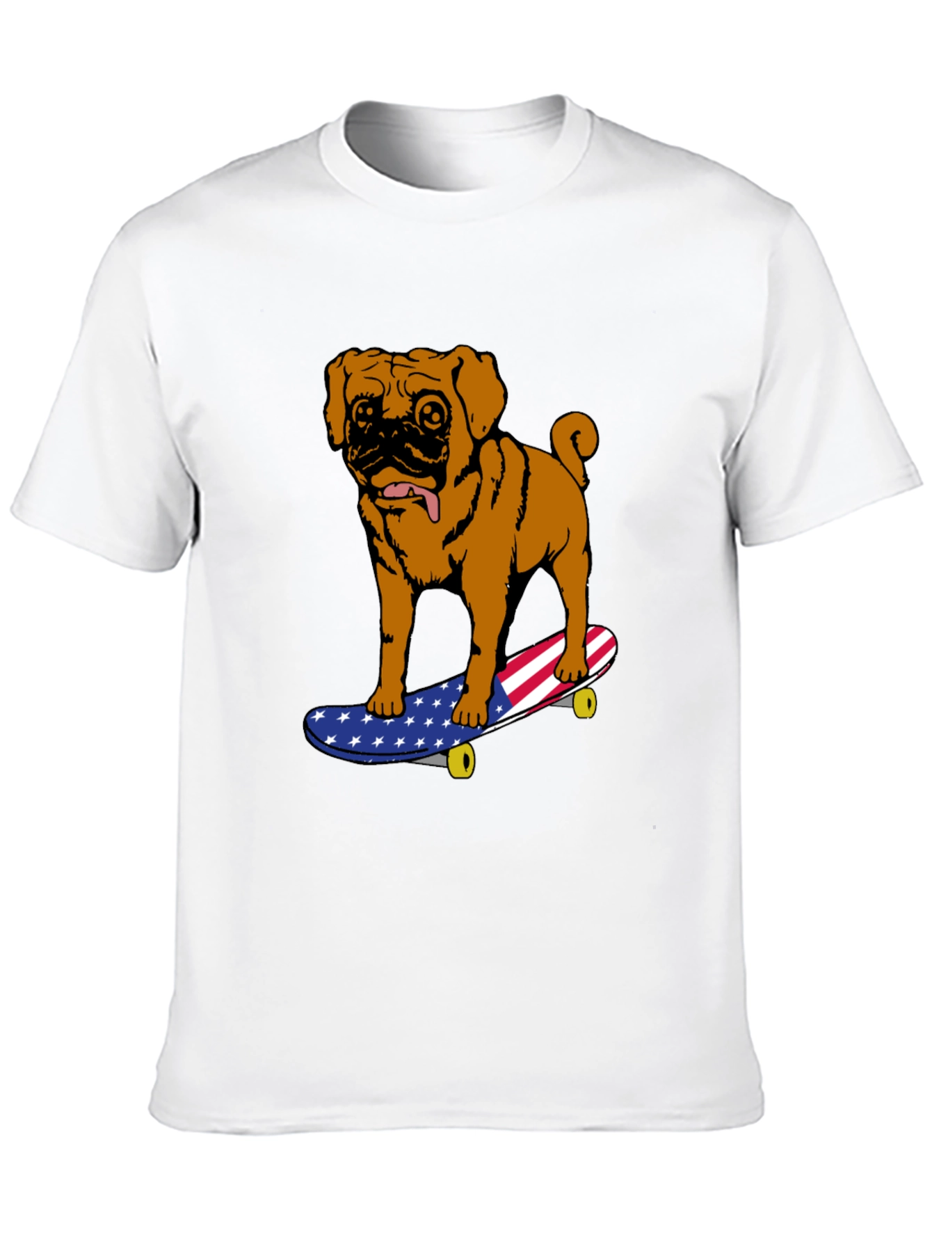 Pug on Skateboard Graphic Tee - American Flag Design