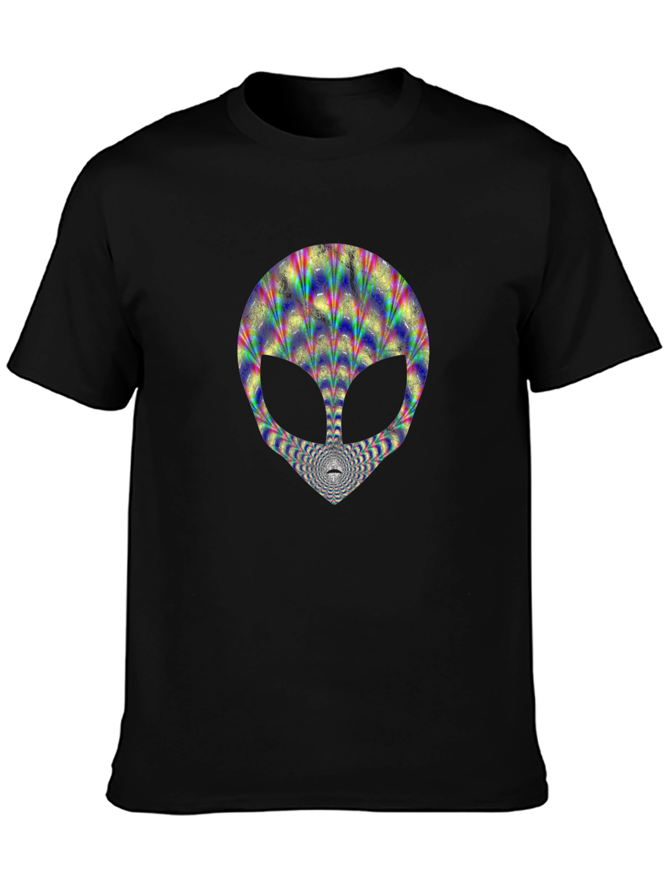 Trippy Alien Head Graphic Tee - Black Cotton T-Shirt