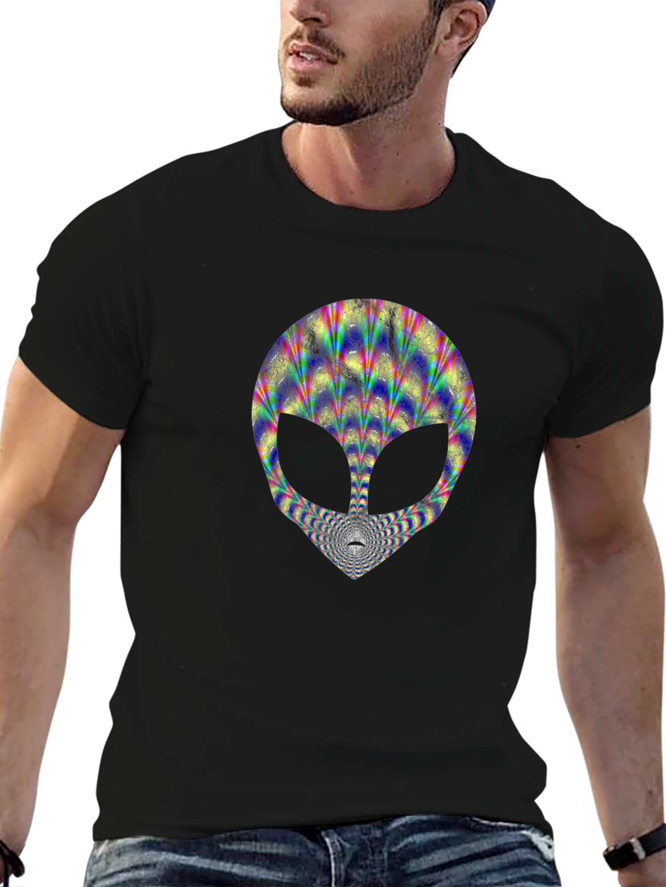Trippy Alien Head Graphic Tee - Black Cotton T-Shirt