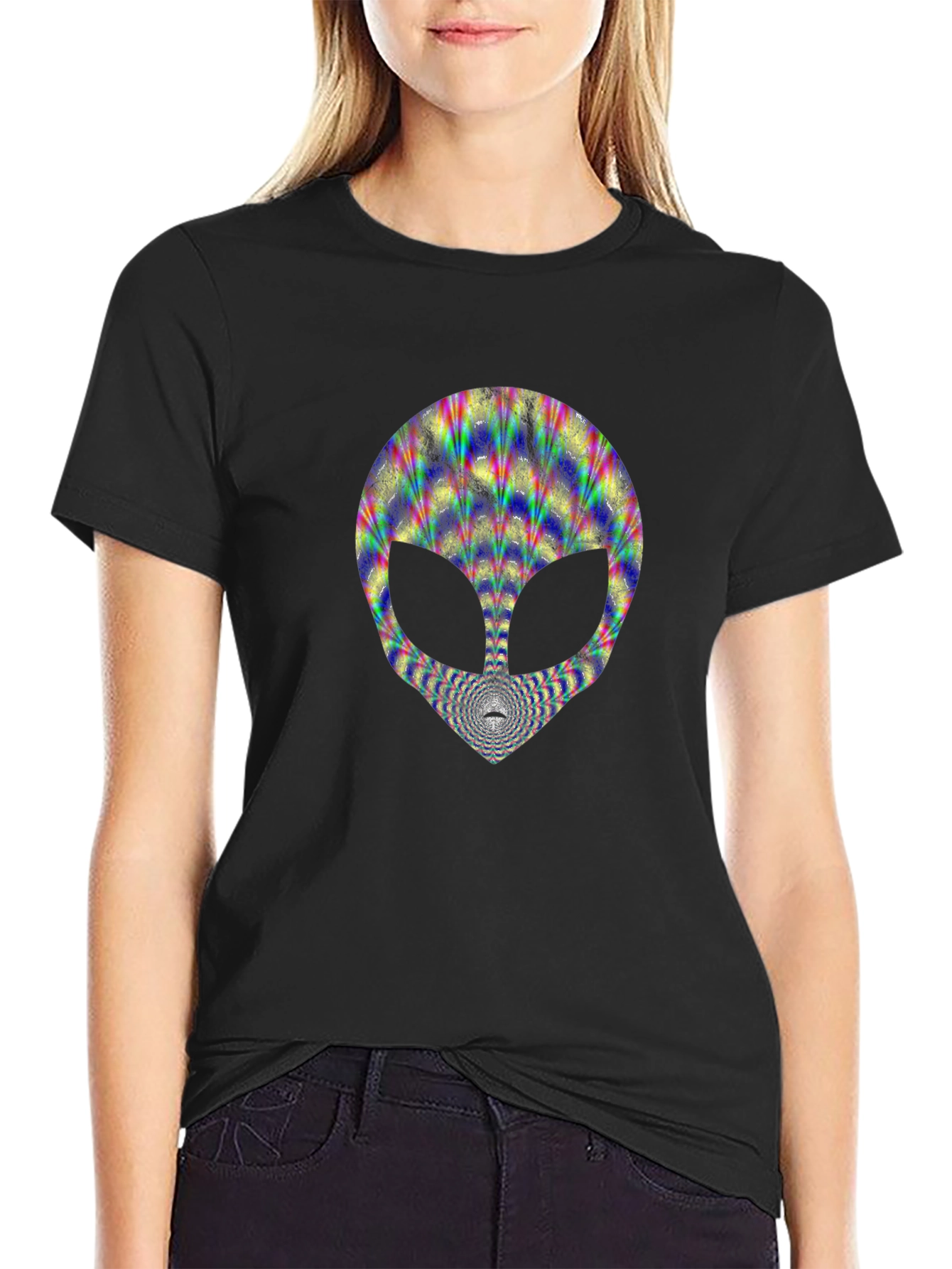 Trippy Alien Head Graphic Tee - Black Cotton T-Shirt