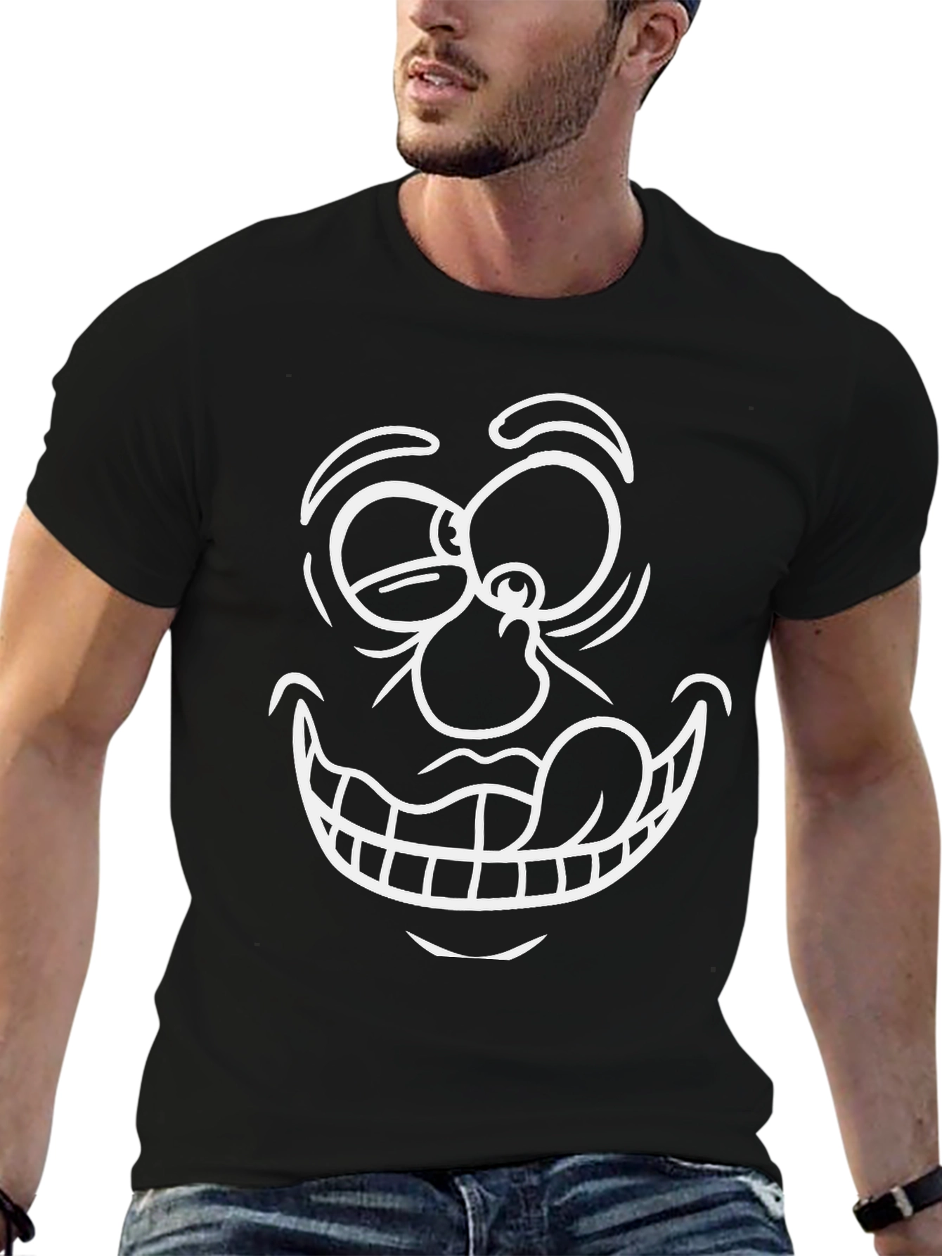Cartoon Face Graphic T-Shirt - Black