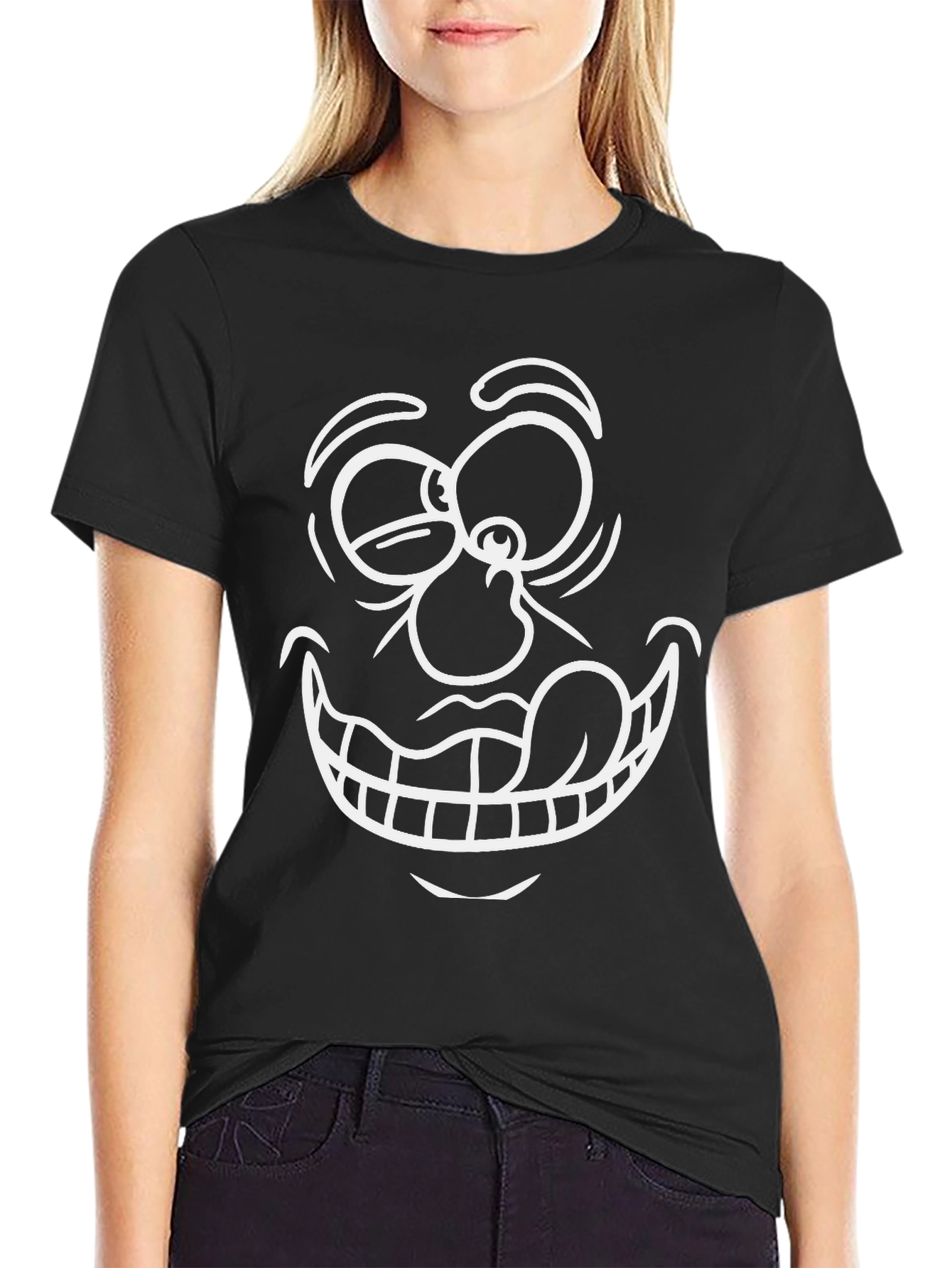 Cartoon Face Graphic T-Shirt - Black