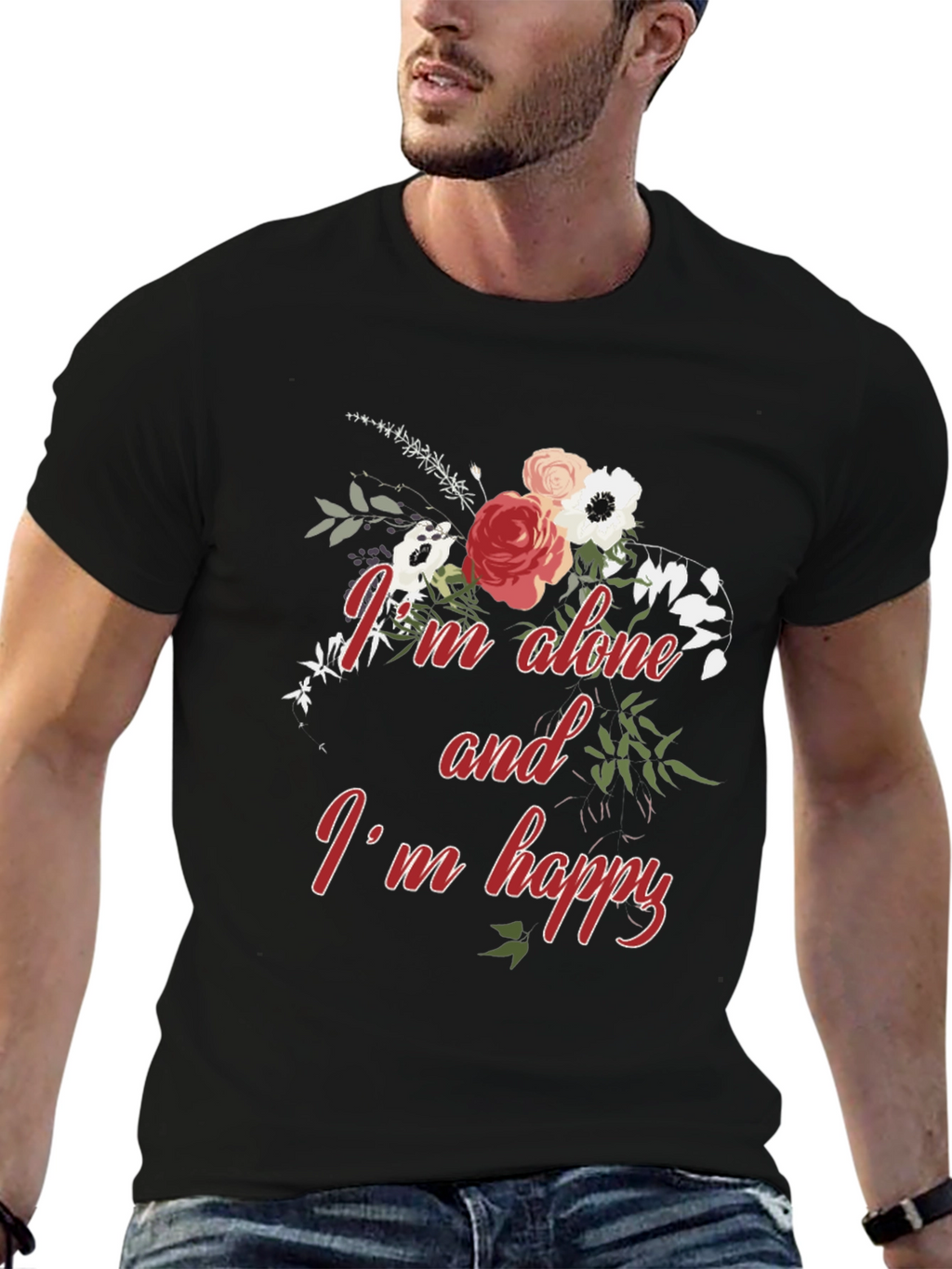 Alone and Happy Floral Graphic Tee - Black