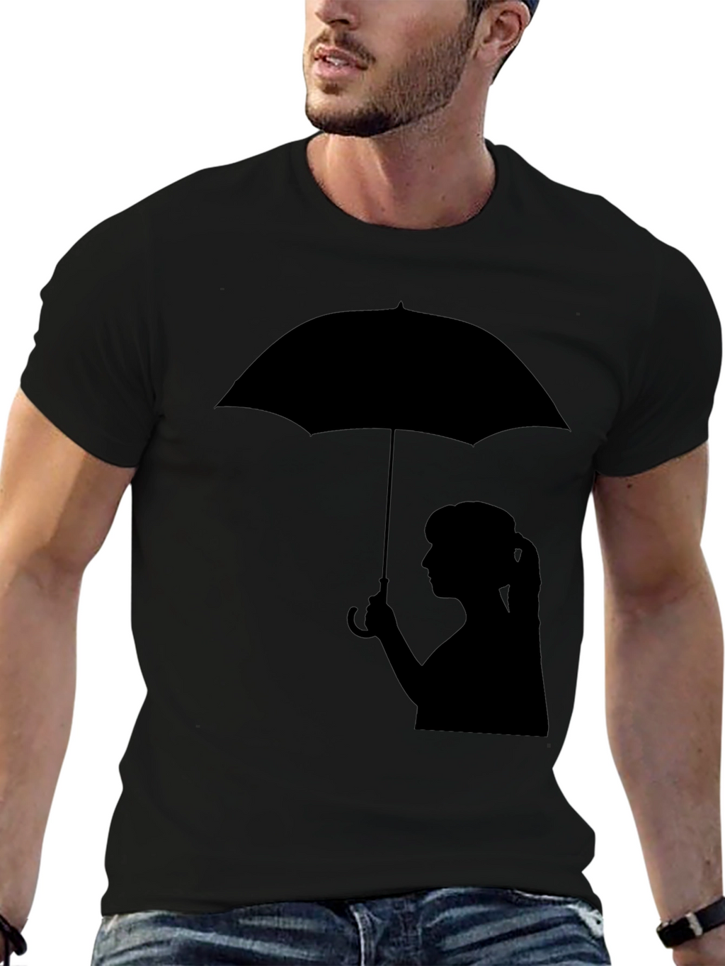 Silhouette Girl with Umbrella Black T-Shirt