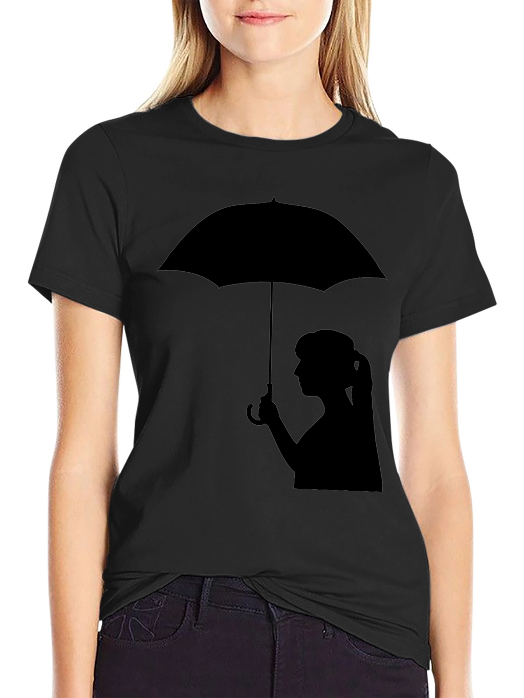 Silhouette Girl with Umbrella Black T-Shirt