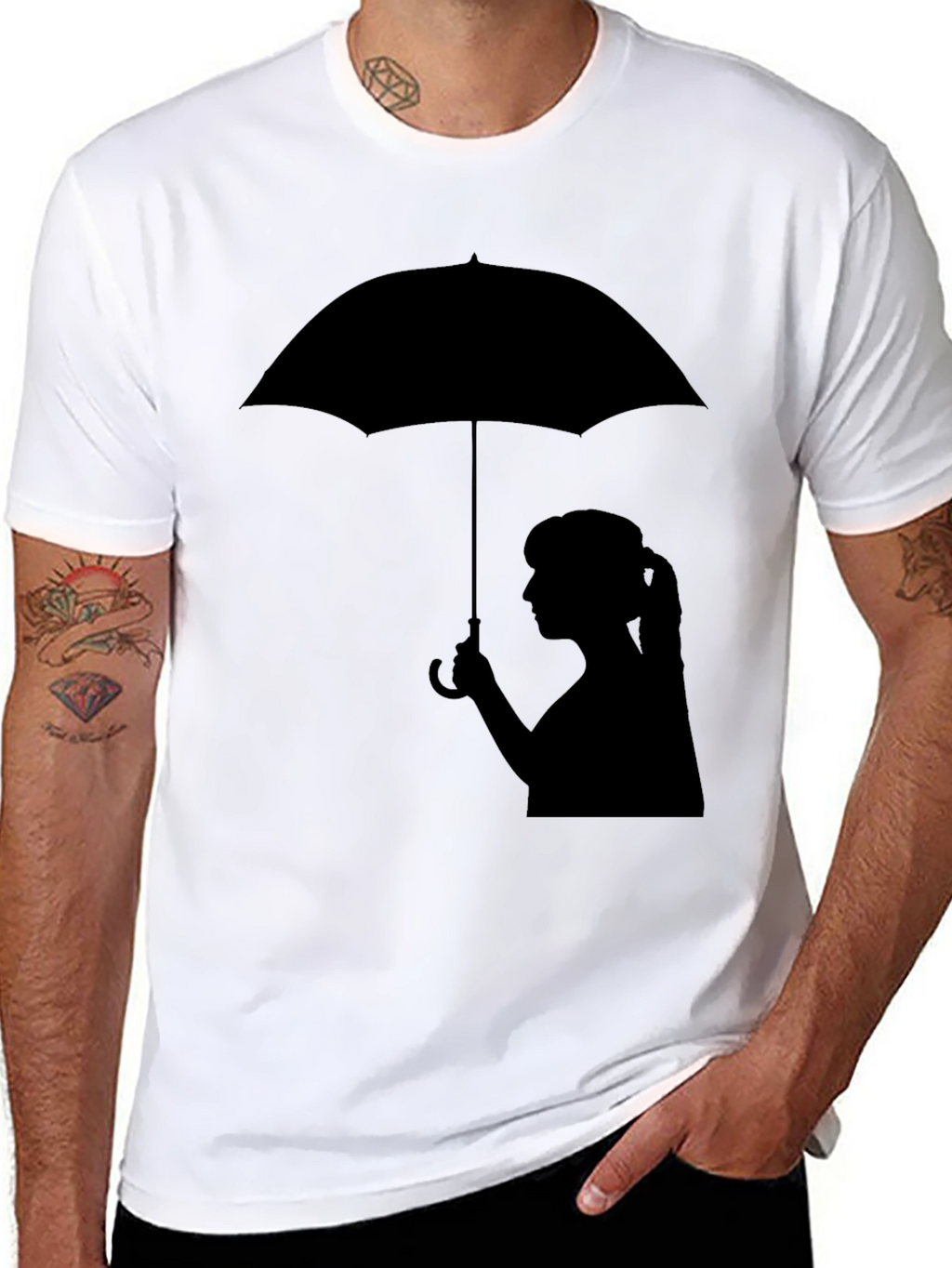 Silhouette Girl with Umbrella Black T-Shirt