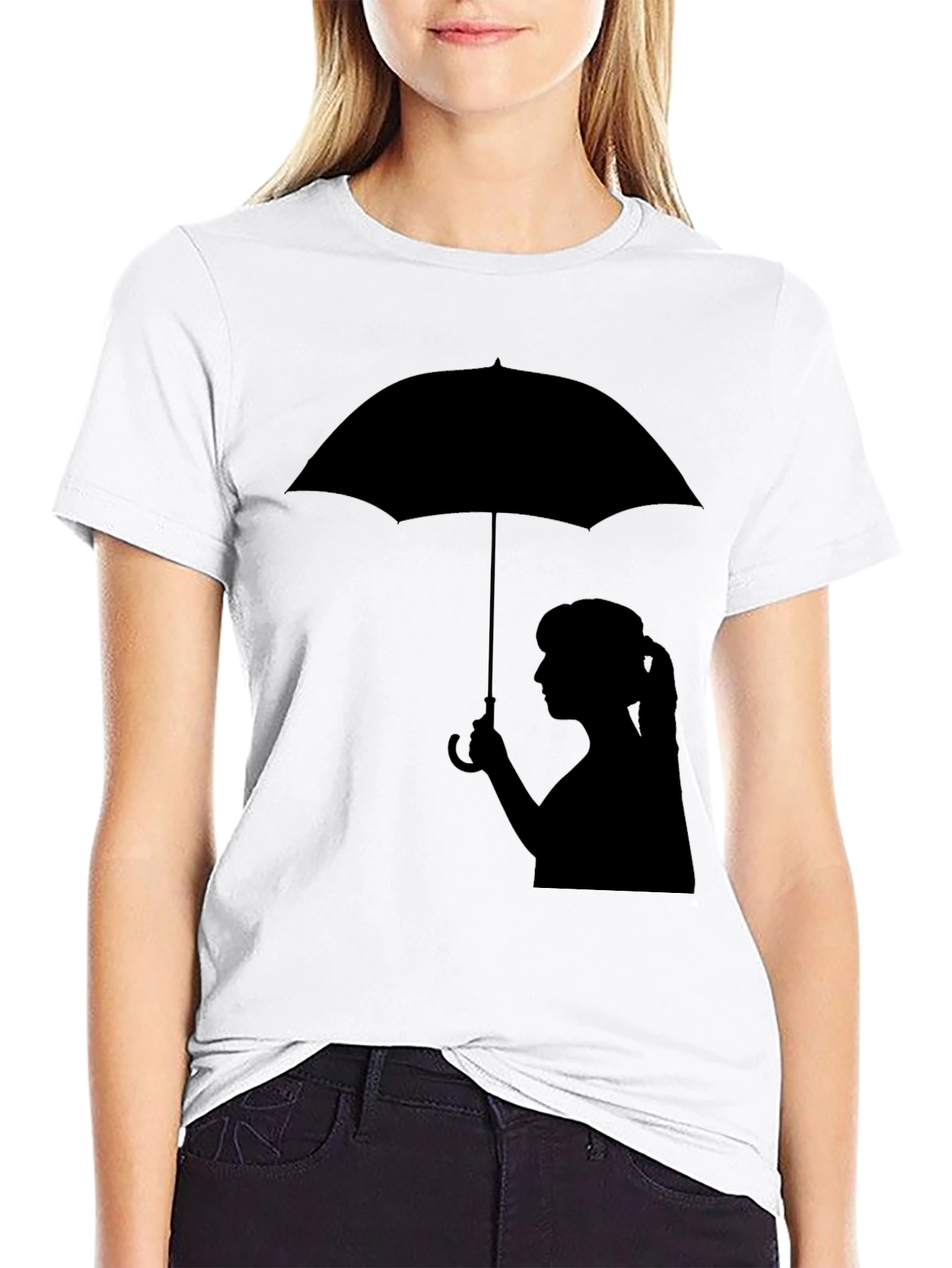 Silhouette Girl with Umbrella Black T-Shirt