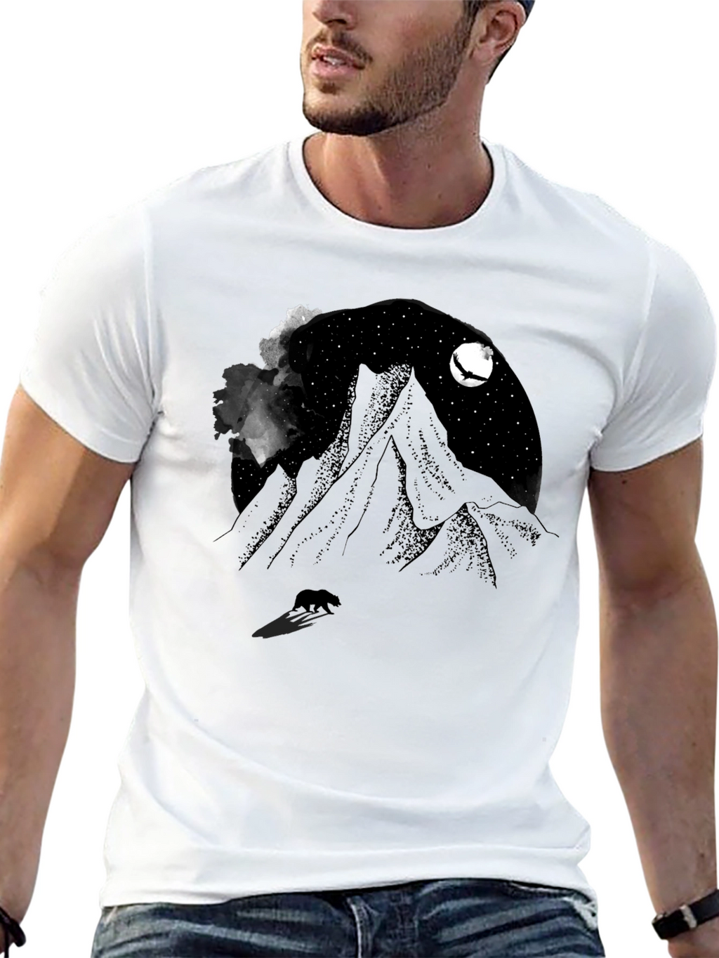 Mountain Night Bear Tee - Black Graphic T-Shirt