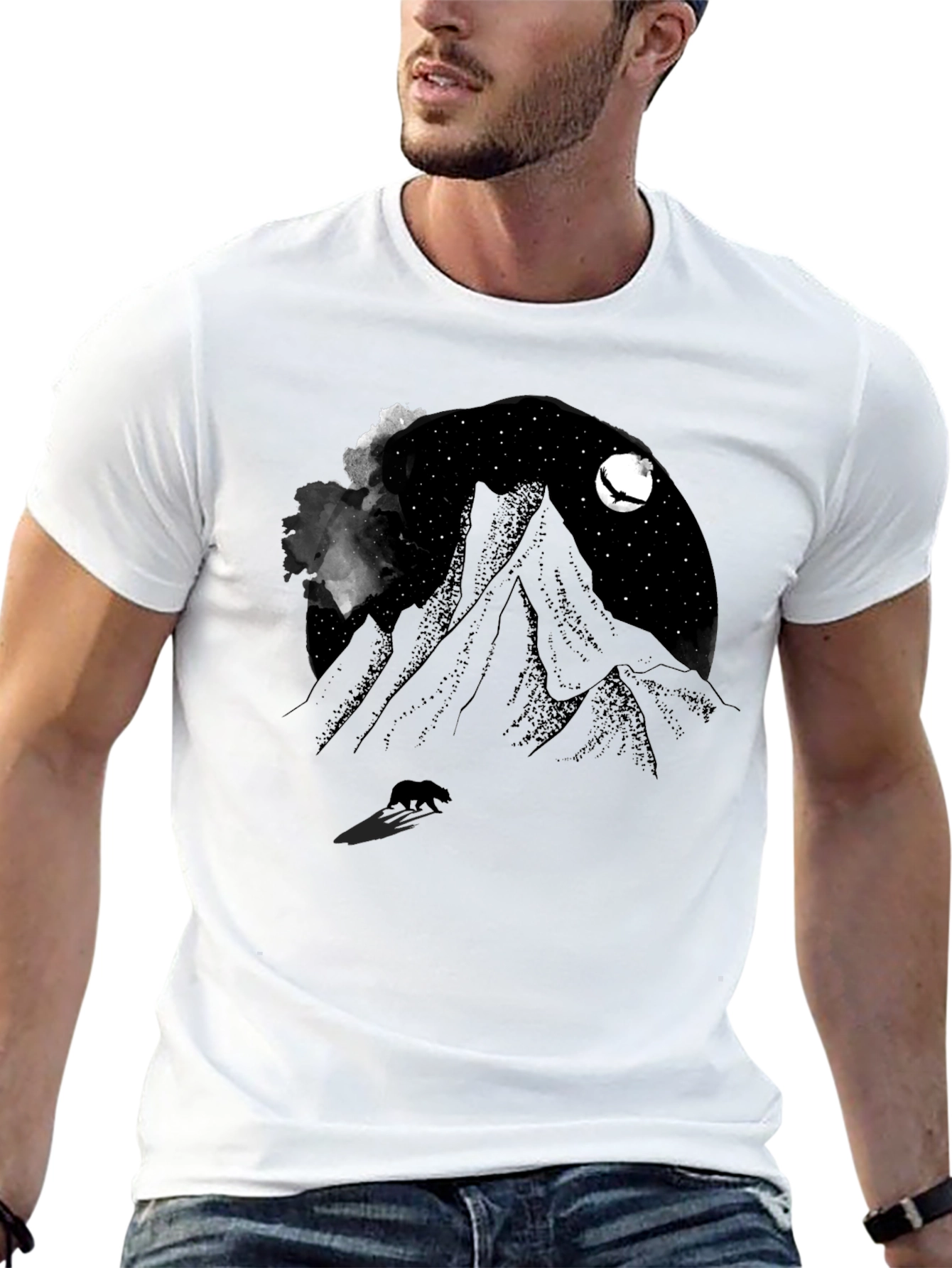 Mountain Night Bear Tee - Black Graphic T-Shirt