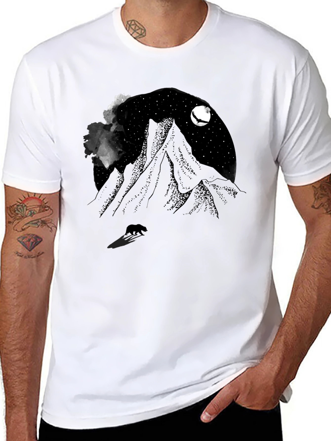 Mountain Night Bear Tee - Black Graphic T-Shirt