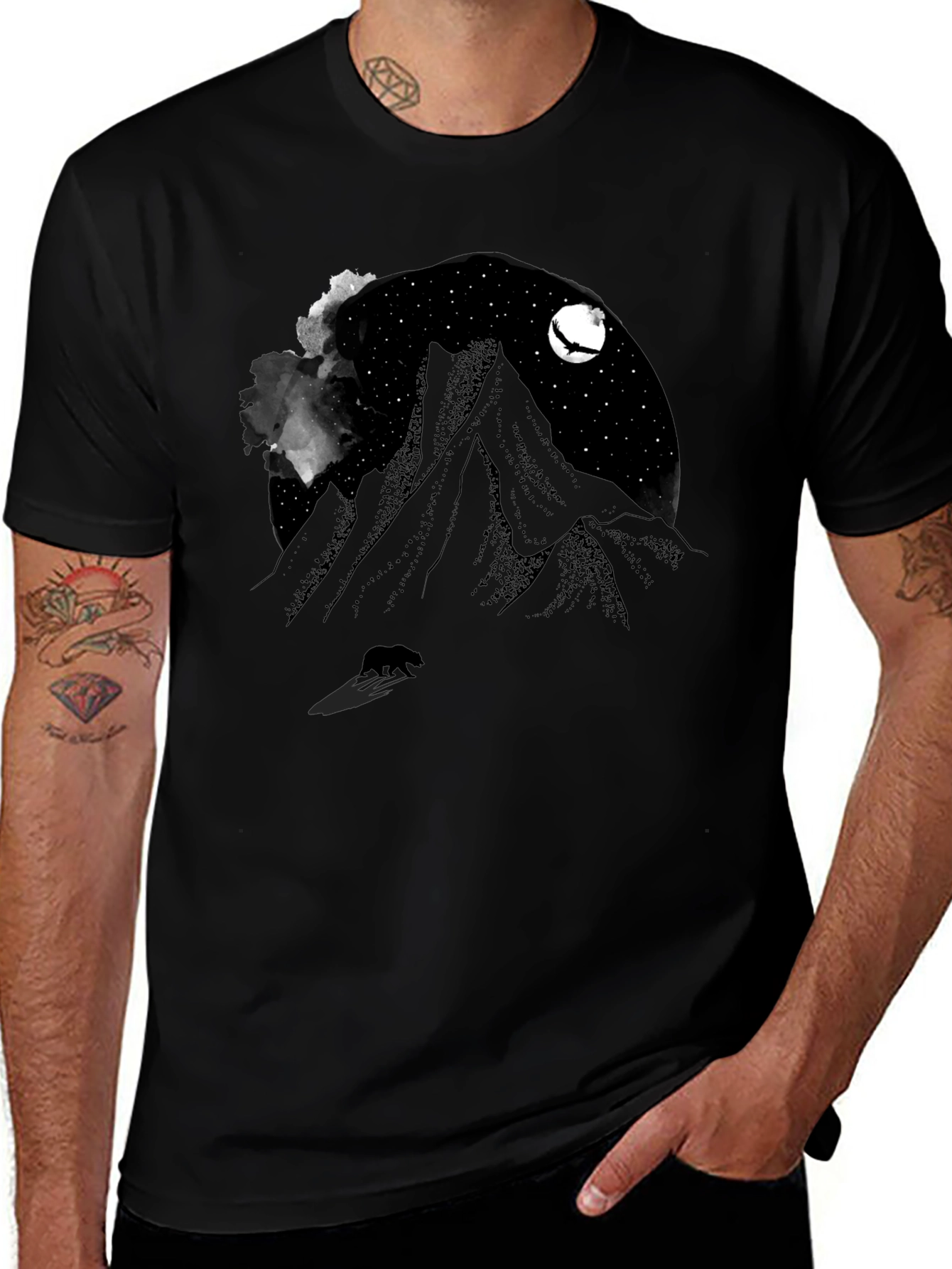 Mountain Night Bear Tee - Black Graphic T-Shirt