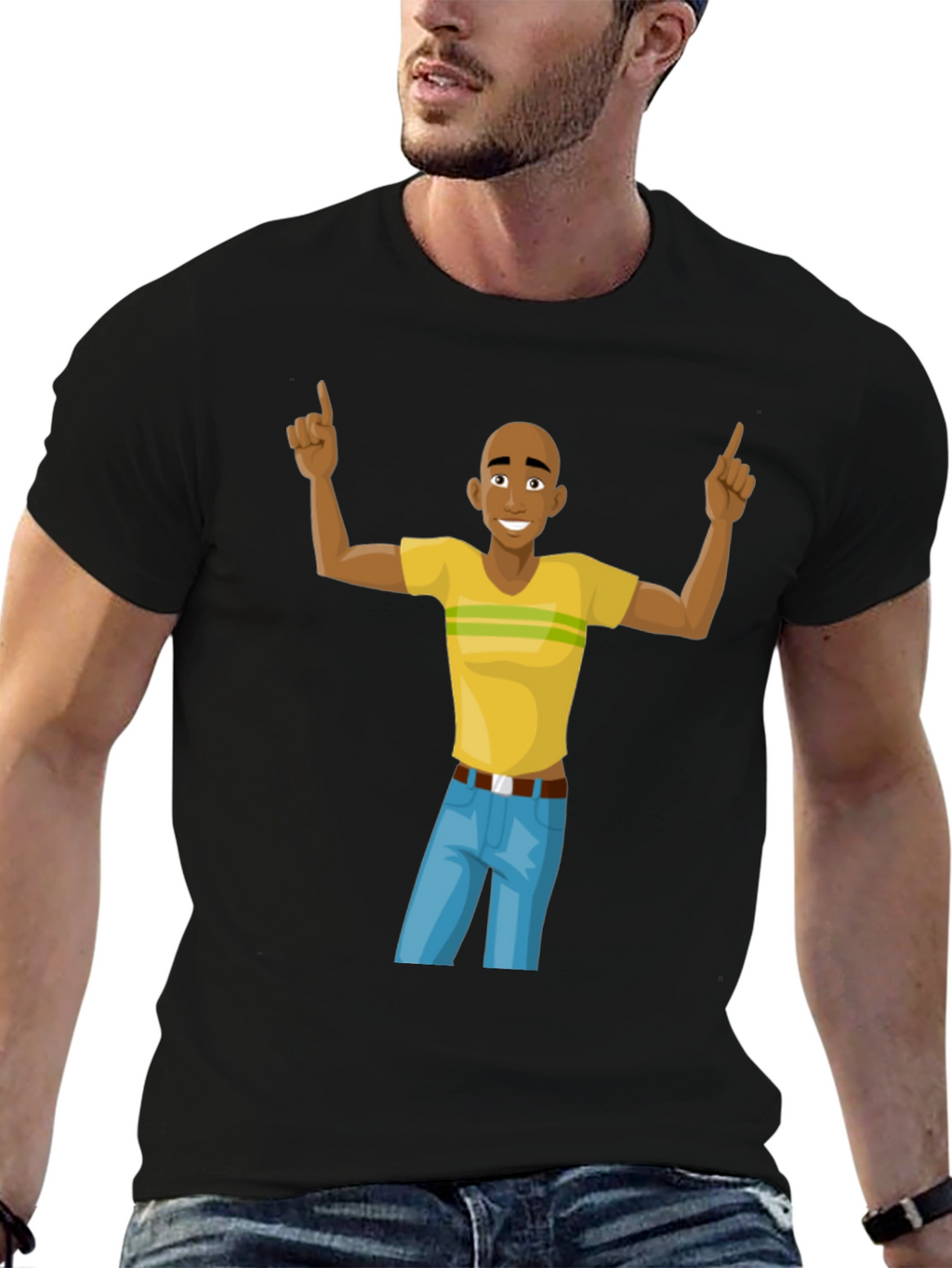 Cartoon Man Graphic T-Shirt - Black Cotton Tee