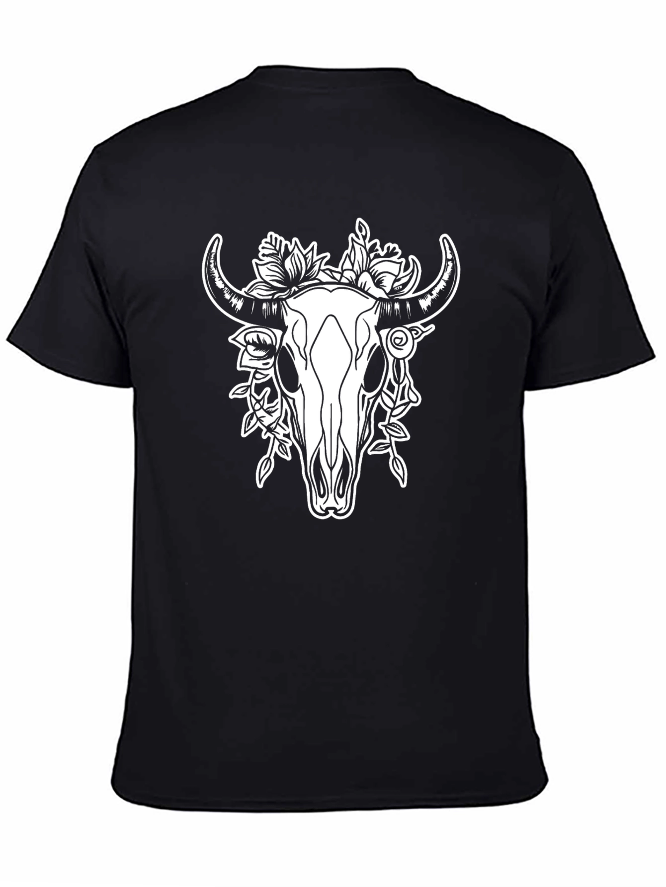 Skull and Floral Print Black T-Shirt