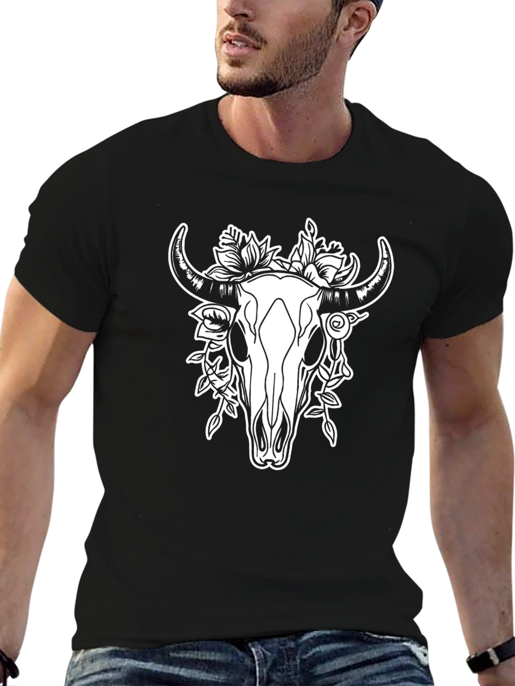 Skull and Floral Print Black T-Shirt