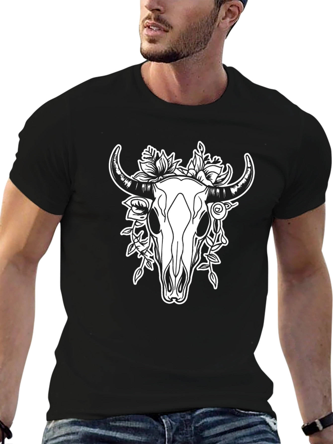 Skull and Floral Print Black T-Shirt