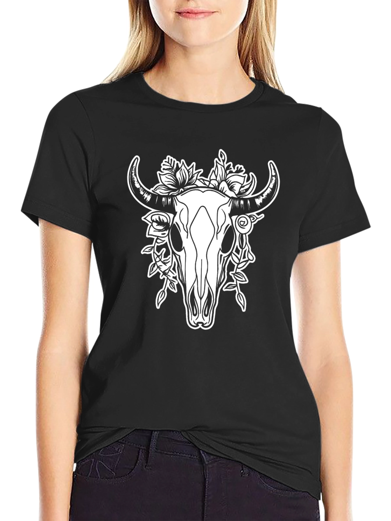 Skull and Floral Print Black T-Shirt