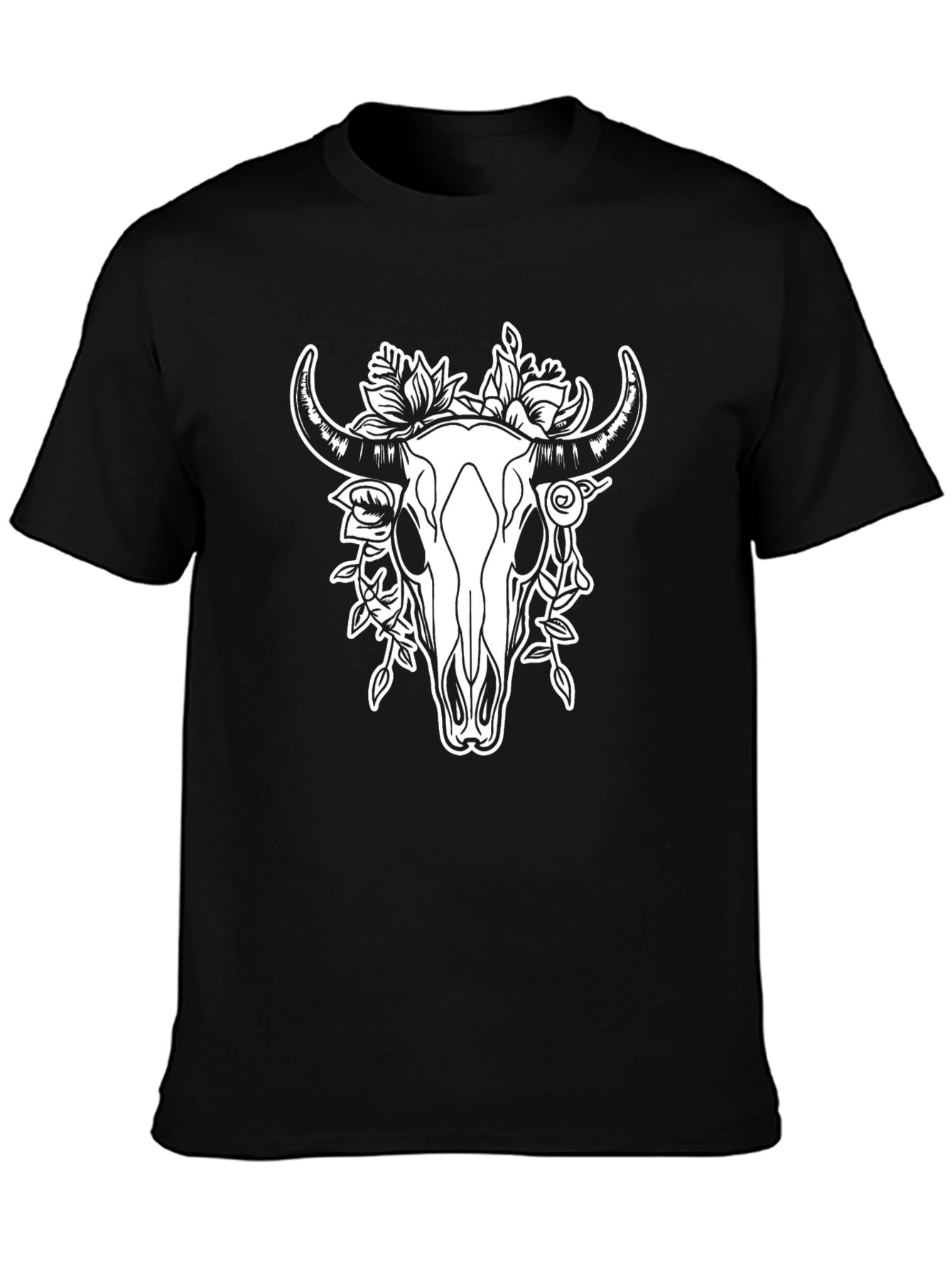 Skull and Floral Print Black T-Shirt