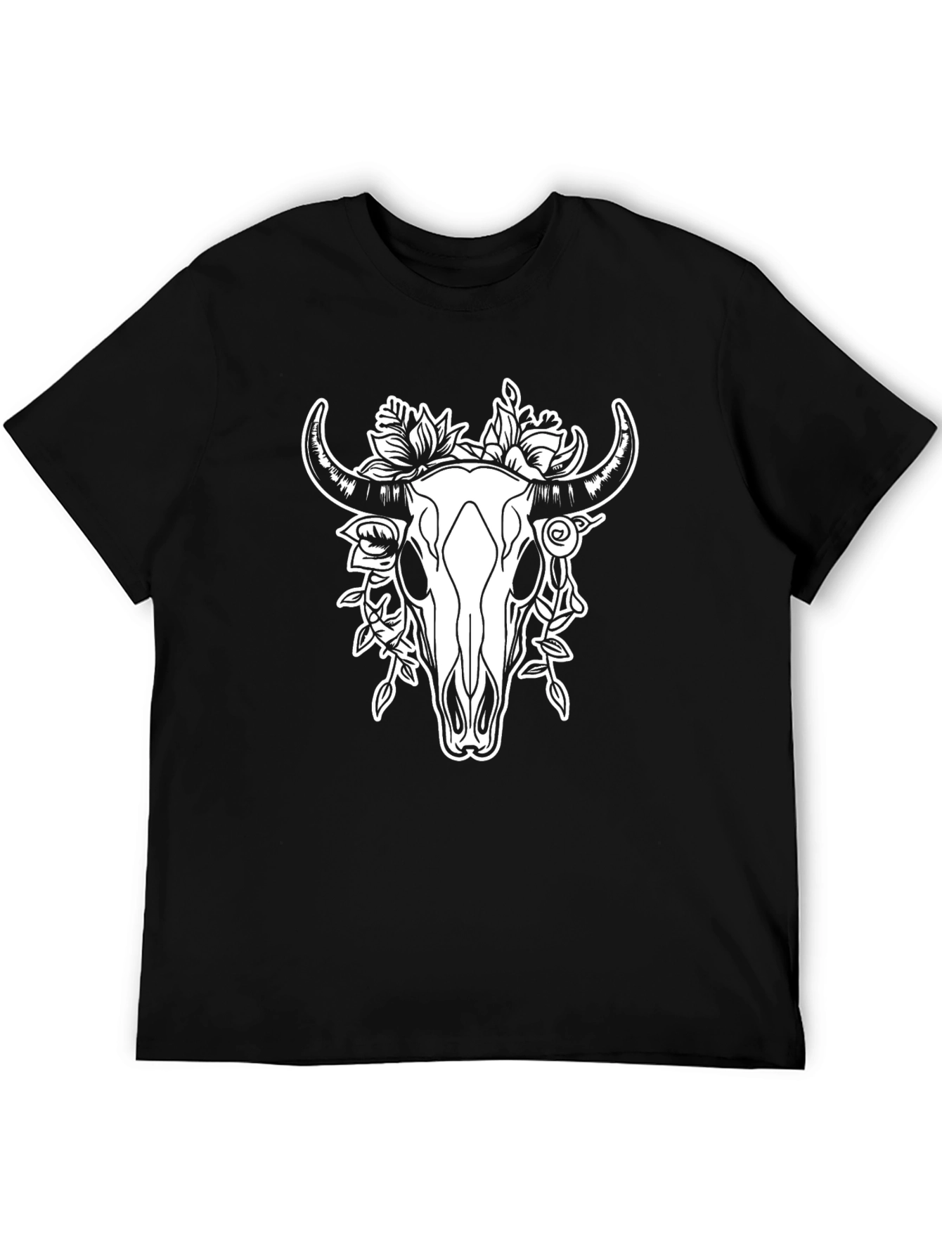 Skull and Floral Print Black T-Shirt