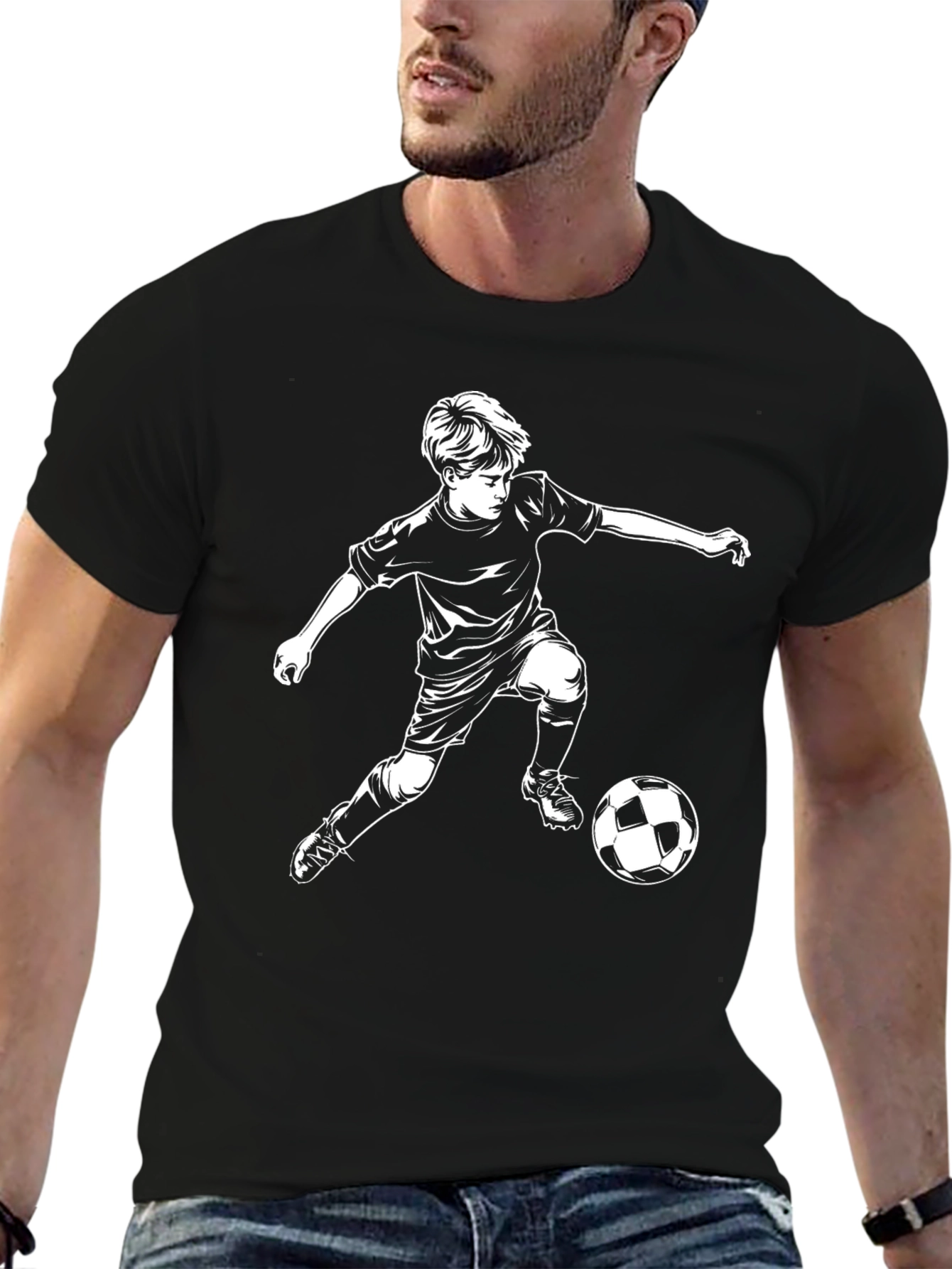 Soccer Boy Graphic Tee - Black Cotton Casual T-Shirt