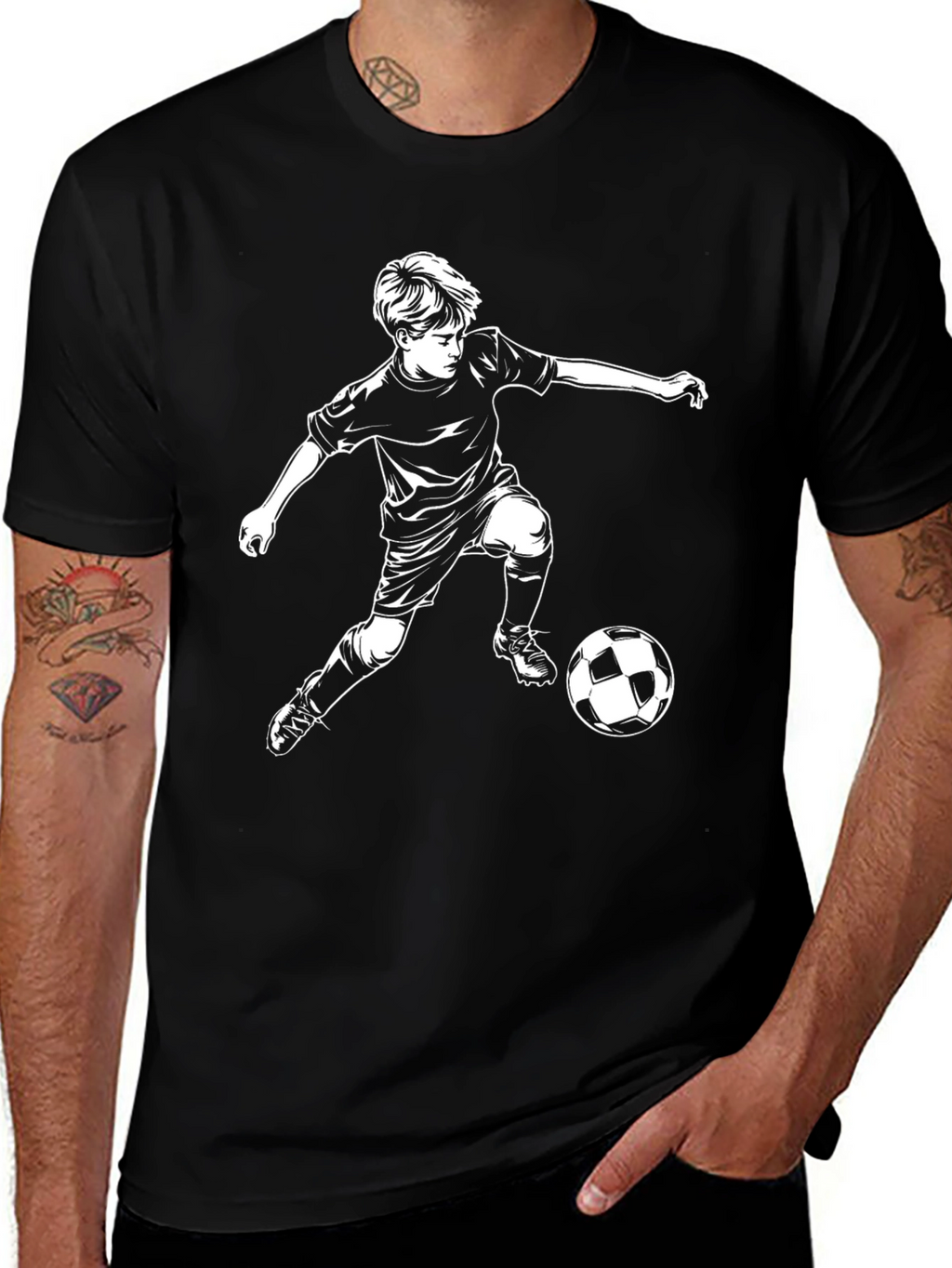 Soccer Boy Graphic Tee - Black Cotton Casual T-Shirt