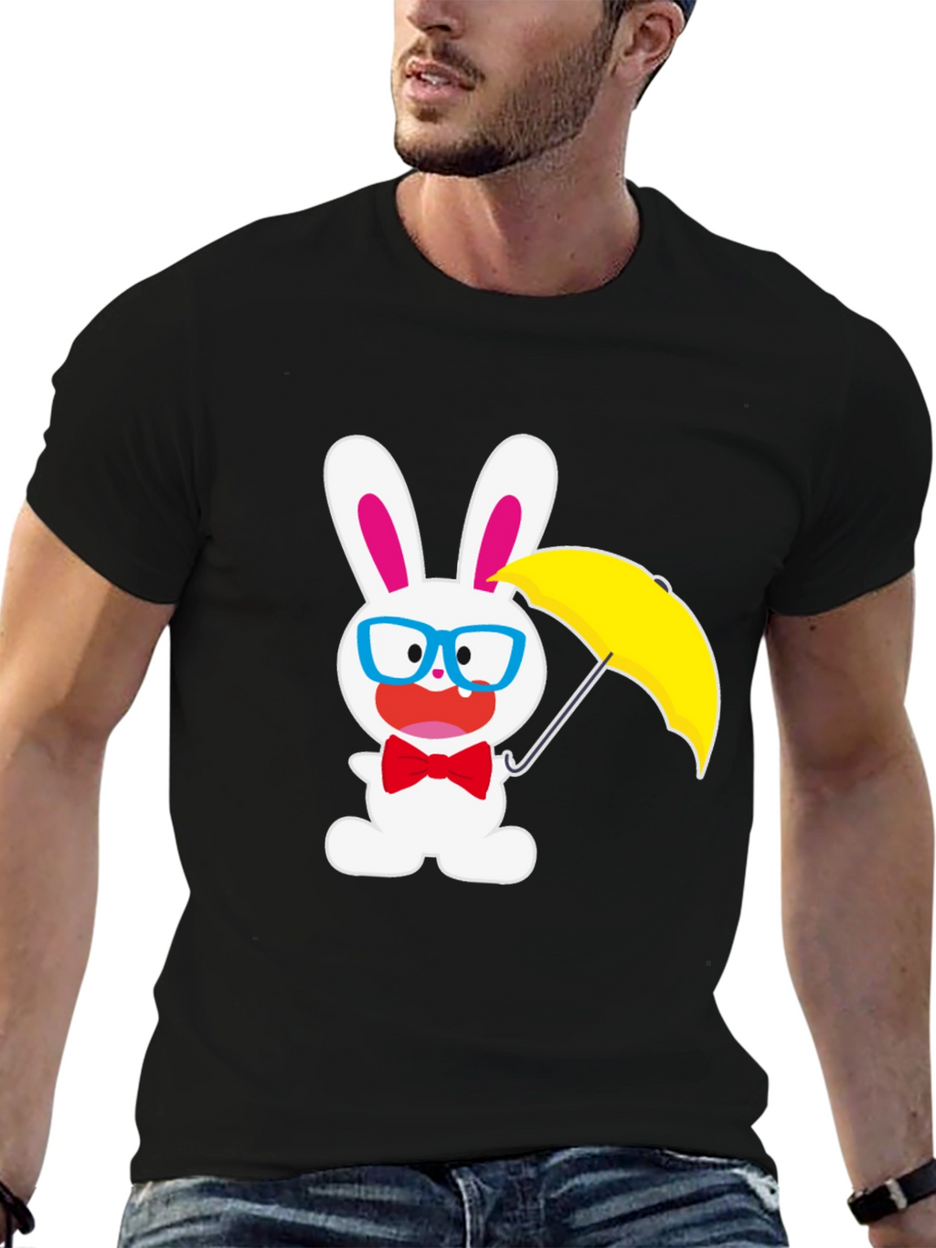 Funny Bunny T-Shirt: White Rabbit with Glasses & Umbrella
