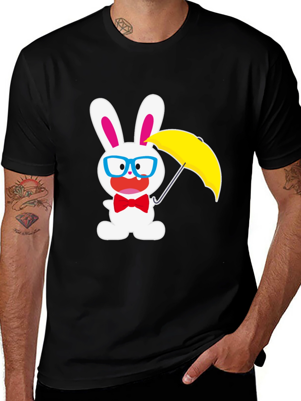 Funny Bunny T-Shirt: White Rabbit with Glasses & Umbrella