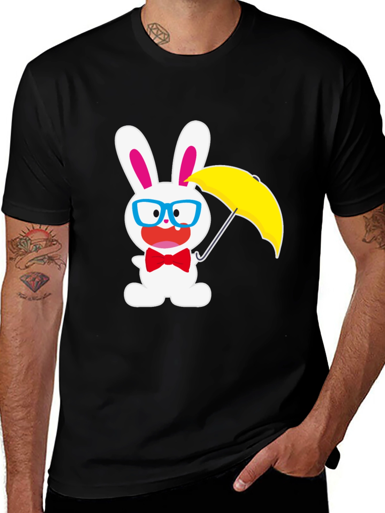 Funny Bunny T-Shirt: White Rabbit with Glasses & Umbrella