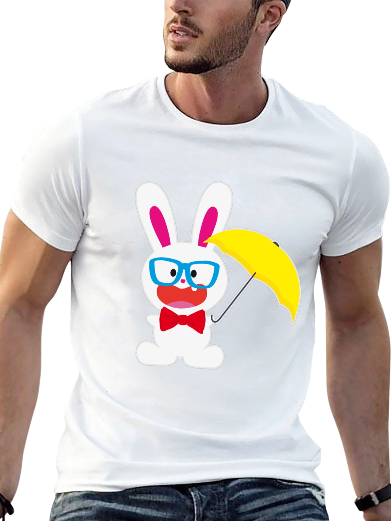 Funny Bunny T-Shirt: White Rabbit with Glasses & Umbrella